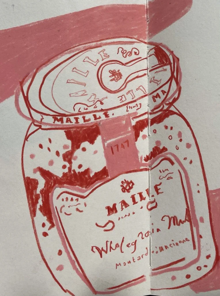 A dynamic and colourful hand drawn illustration of a Maille mustard jar using pencil and wax crayons in red and pink.