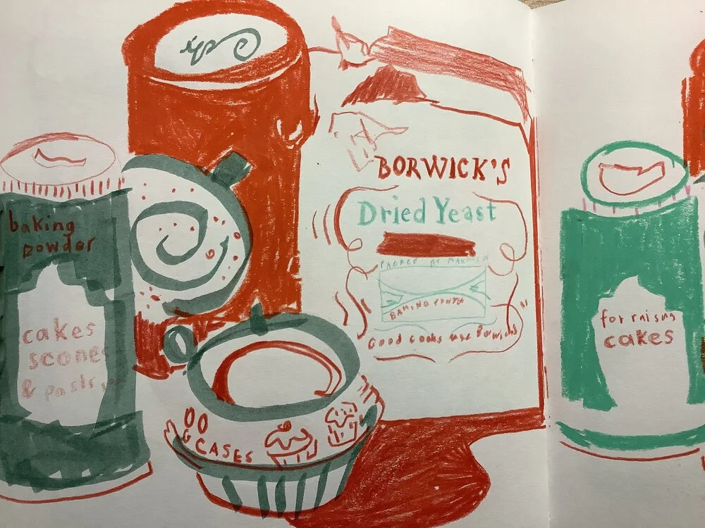 A drawing of baking ingredients including cadburys, baking powder and Borwicks dried yeast in red and green colours.