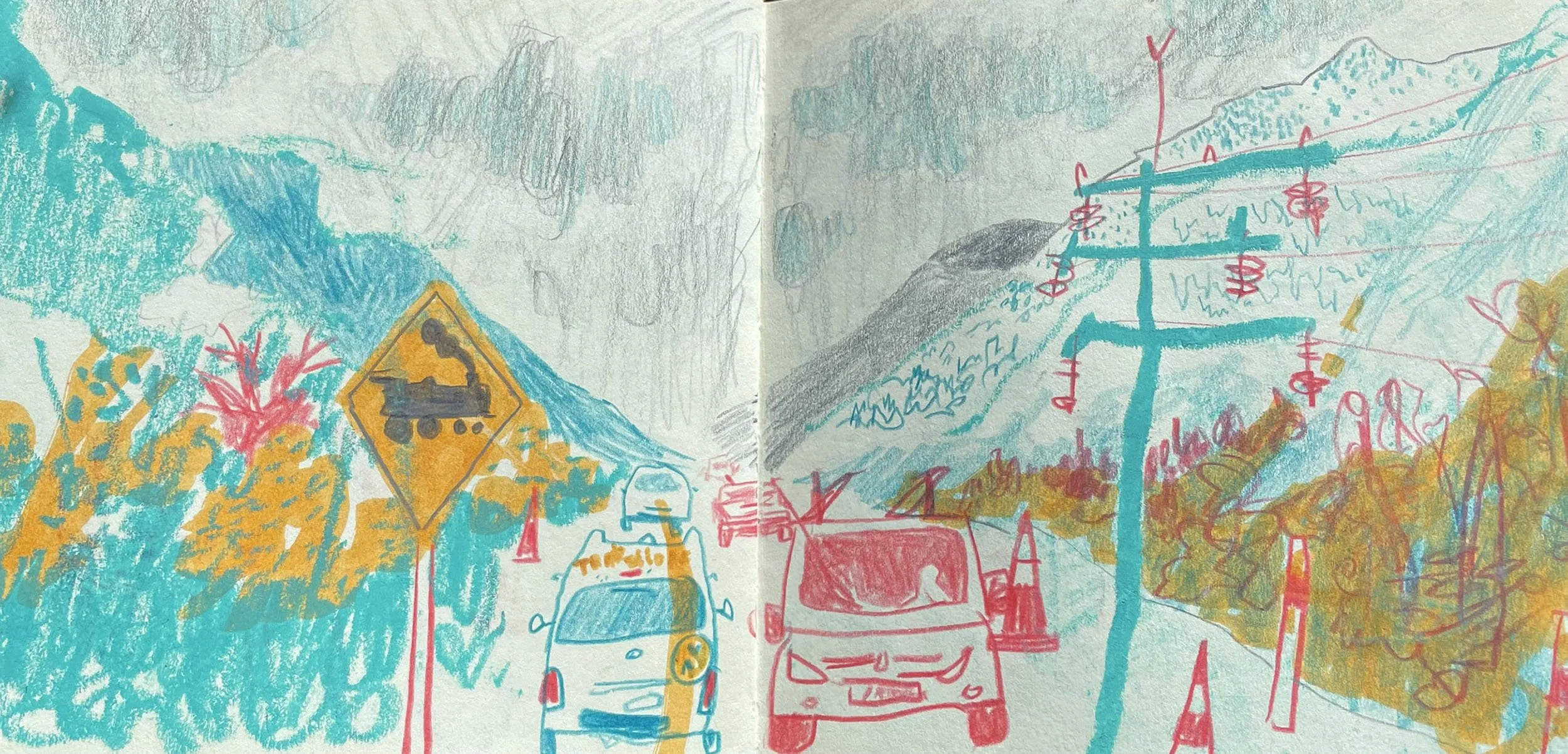 A travel illustration of a road trip view New Zealand. Hand drawn in pencils and wax crayons the mountains are depicted with cars and road signs.