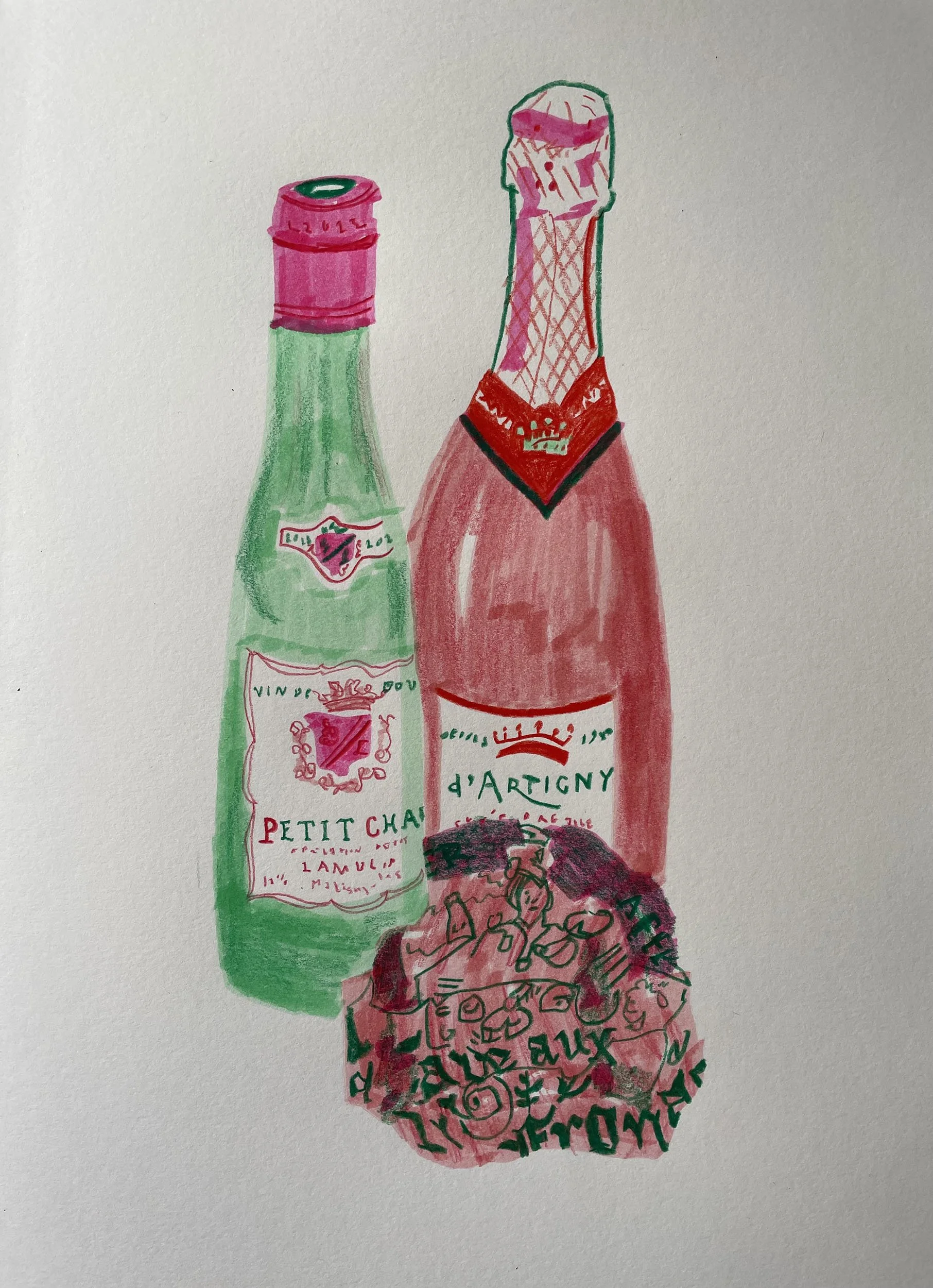 French food produce illustration in brush pen and pencil crayons. Wrapped cheese and Petit Chablis wine bottle illustration in pink, red and green colours. Food and wine illustration.