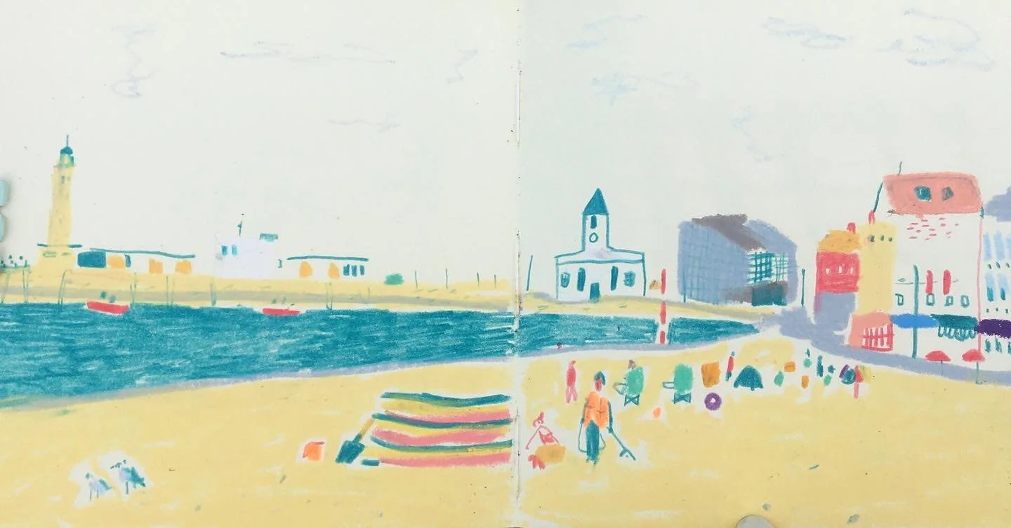A colourful drawing of Margate beach, showing buildings, the sea and holiday makers.