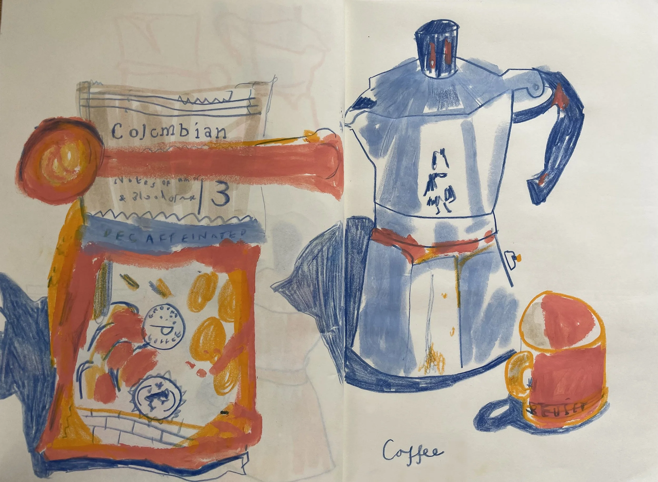 coffee food and drink illustration showing a cafetiere, a ground coffee beans packet and a Le Creuset espresso cup by a freelance illustrator.