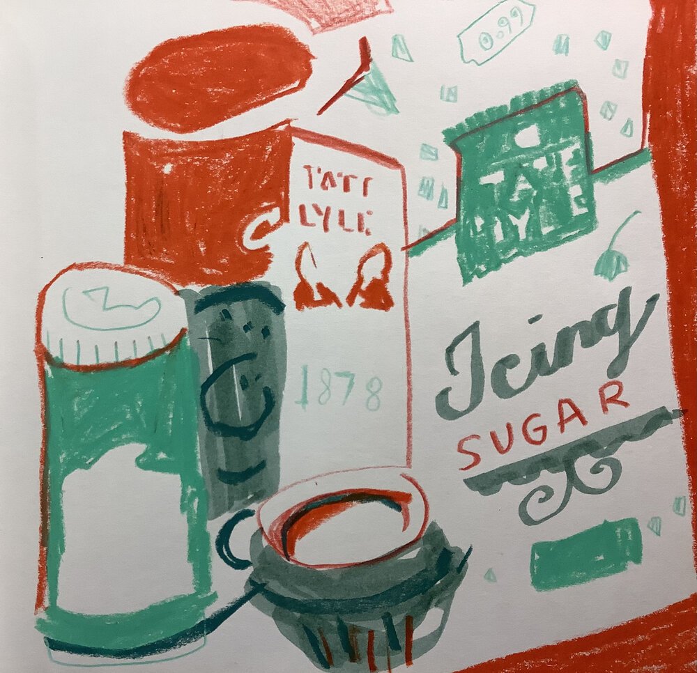 Baking ingredients drawing in red and green using brush pen and pencil crayons. Baking illustration.