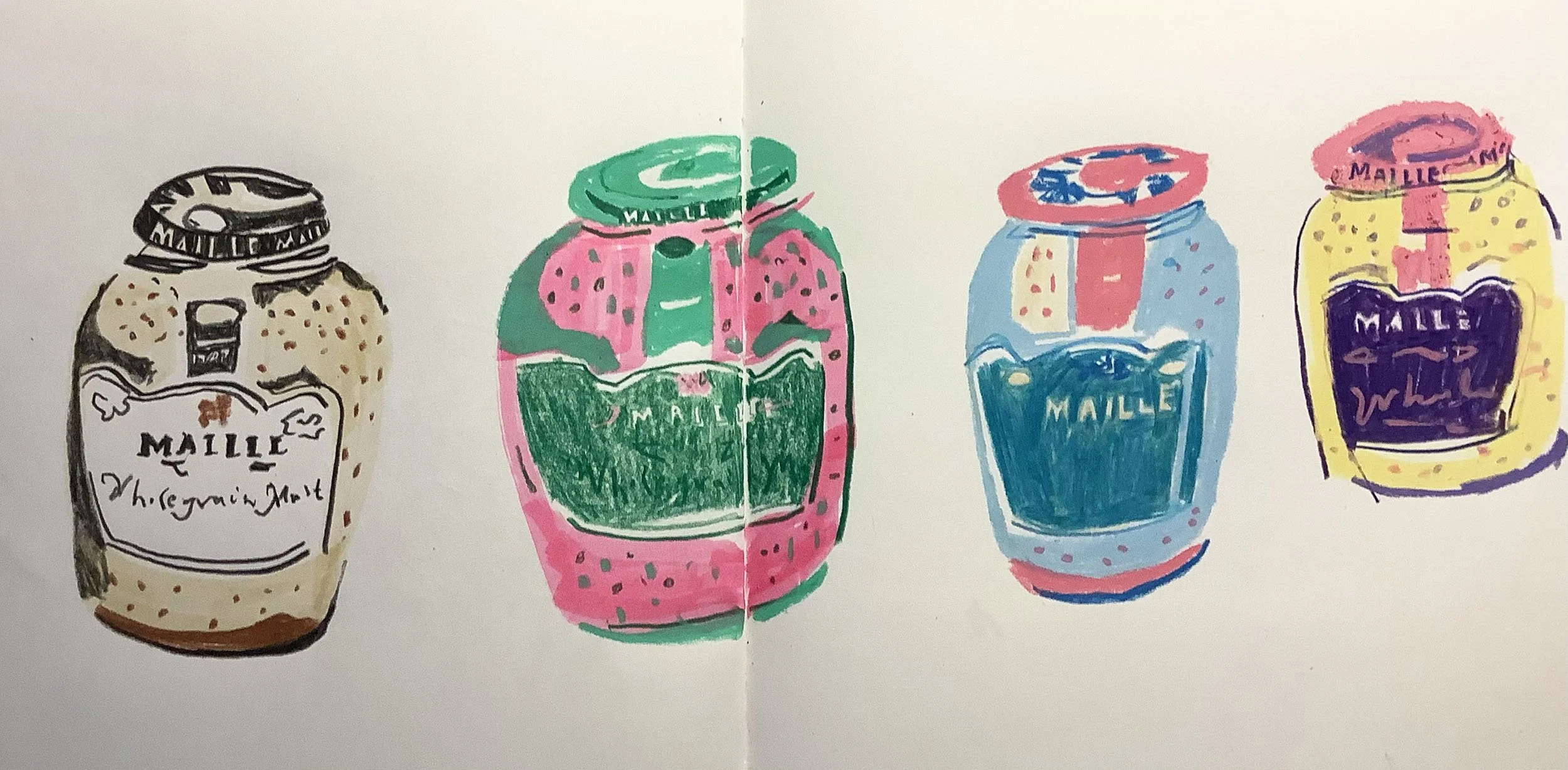 A colourful hand drawn food illustration of four Maille mustard jars in different colours produced using wax crayons and pencil crayons by a freelance illustrator in London.
