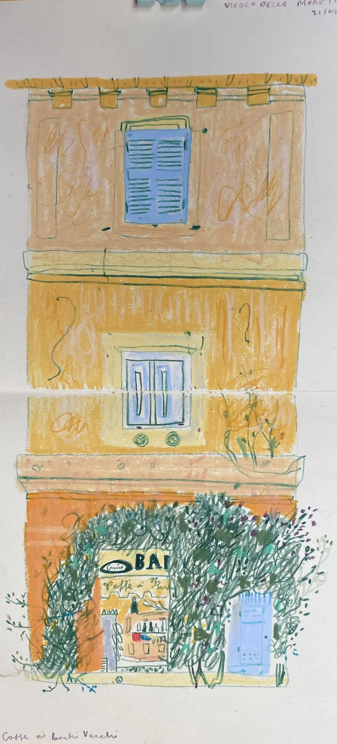 A colourful hand drawn illustration showing a bar in Rome, Italy. 