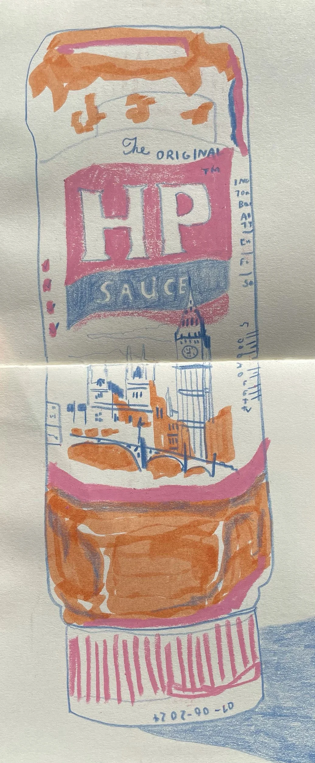 Pencil crayon drawing of a HP brown sauce bottle in pink, blue and orange. Food illustration by a London illustrator.