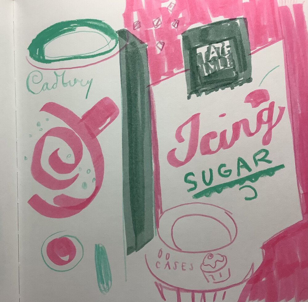 A colourful food illustration of baking ingredients, cadburys hot chocolate, tate and lyle icing sugar and cupcake cases. Hand drawn using pencil crayons and brush pens.