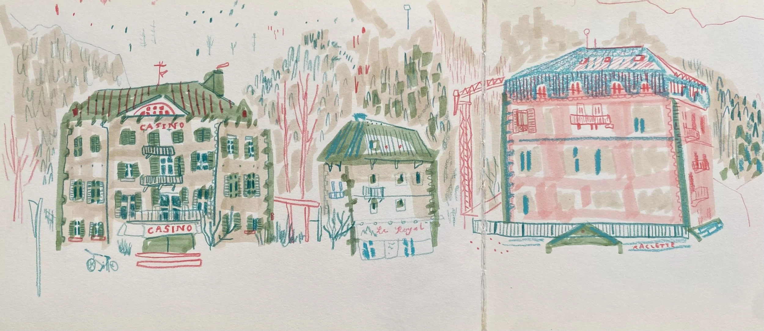 Travel illustration of Chamonix, France buildings. A pastel colour pallet in pinks and greens.