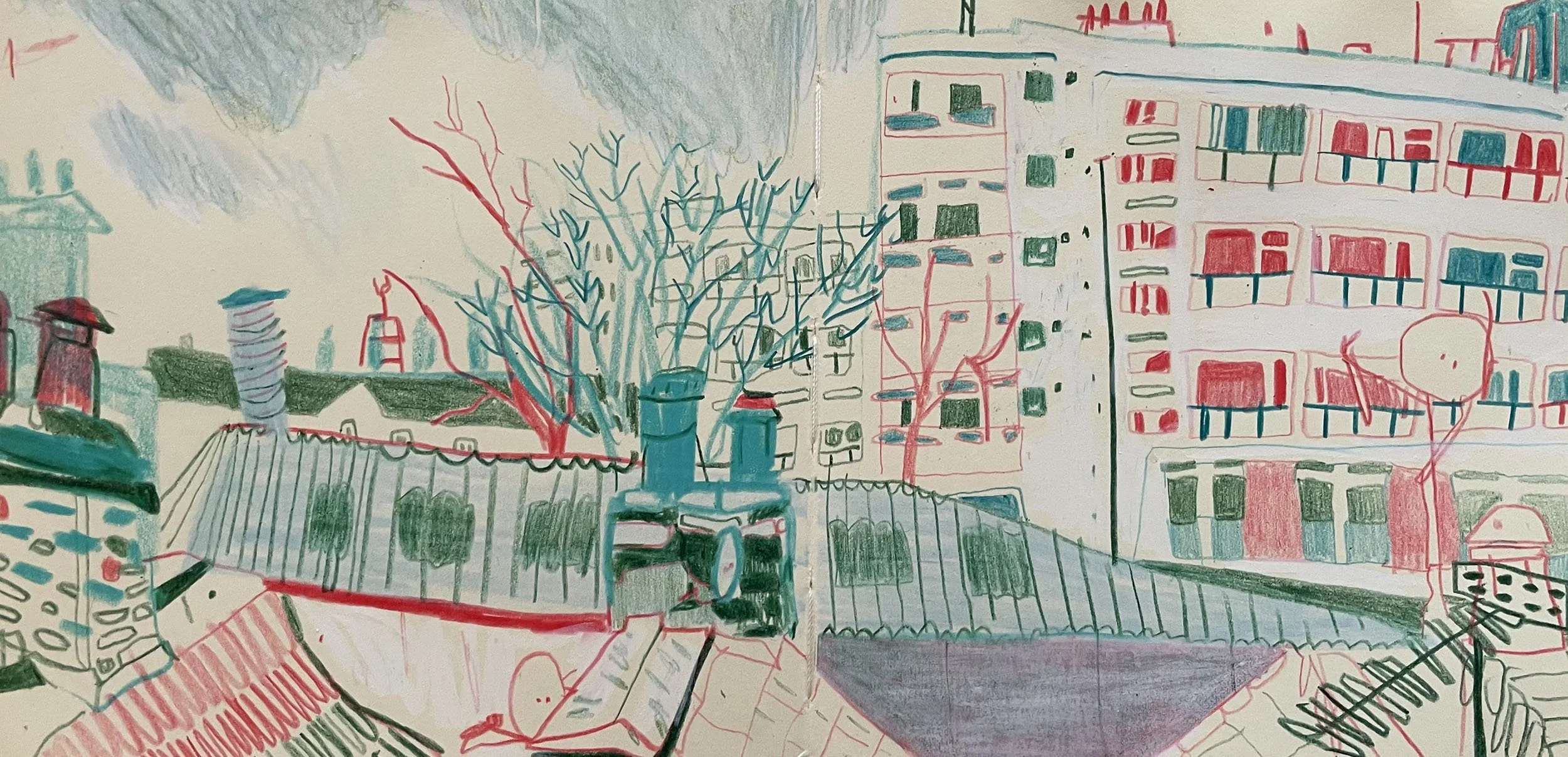 Hand drawn image of London rooftops seen from a train station platform.