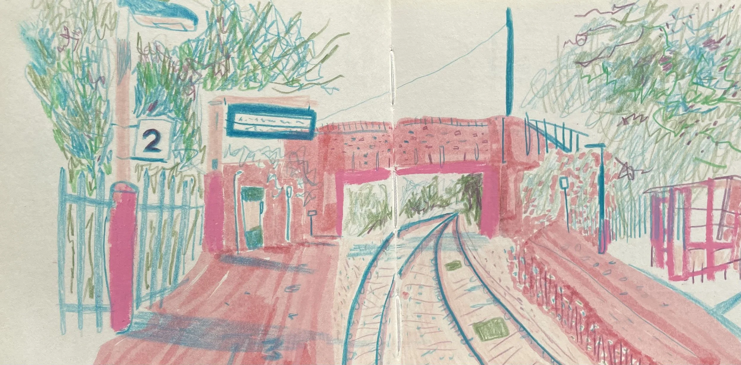 Travel illustration of a Train station platform in the UK. Hand drawn in pink and blue pencil crayon.