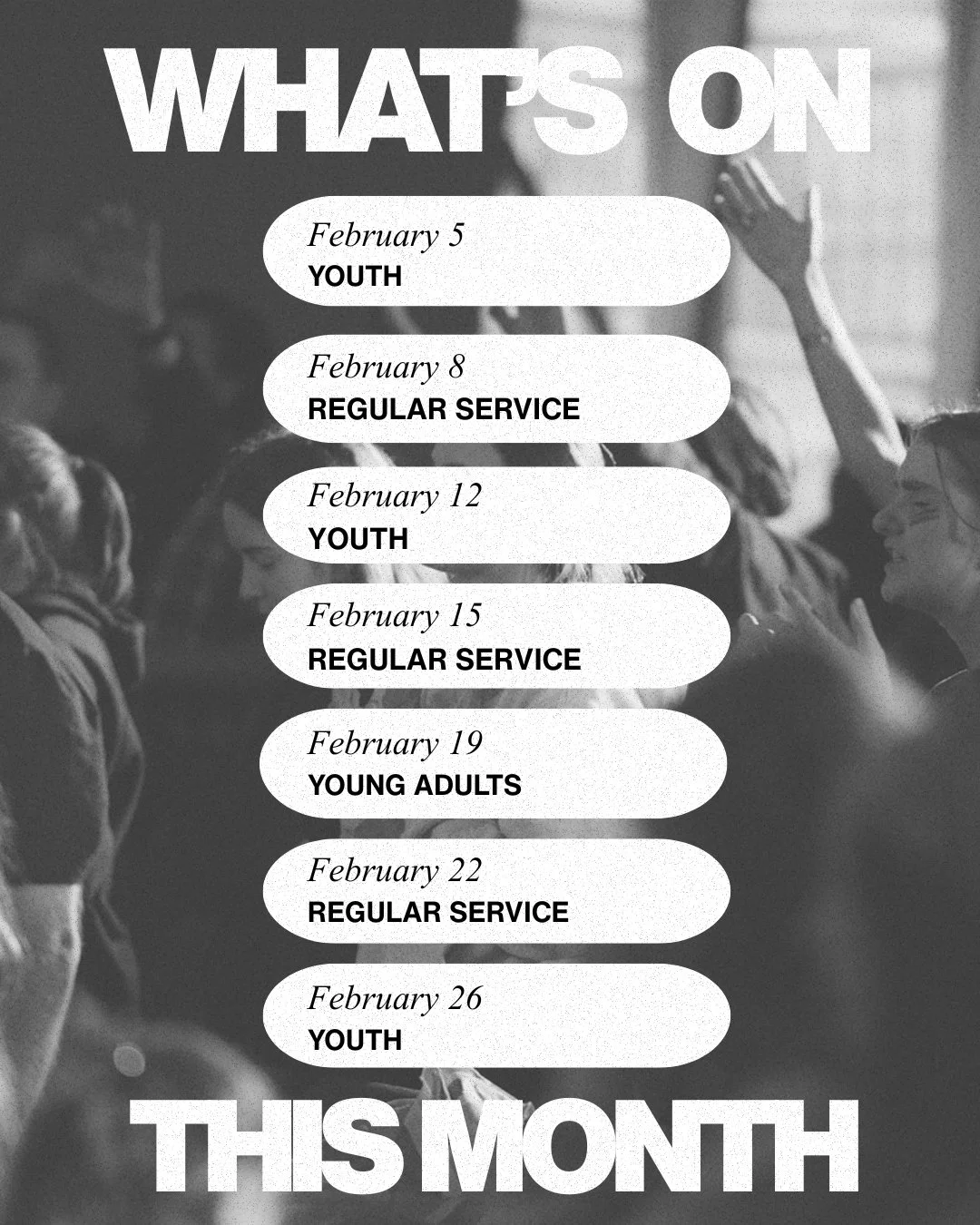Hey Local Fam! Check out what is on this month. Parents bring your teens to encounter Jesus at Youth, Young Adults come and find friendship and connection, and of course, join us for our Sunday services at St Peters St Pauls! See you around!