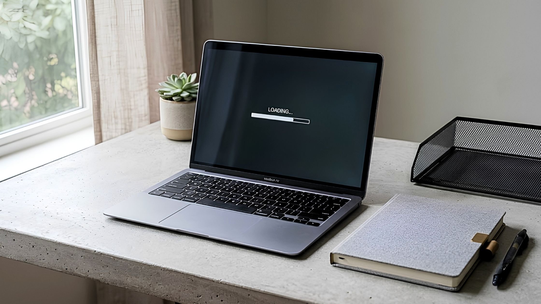 an open laptop on a desk showing a stuck loading screen bar.