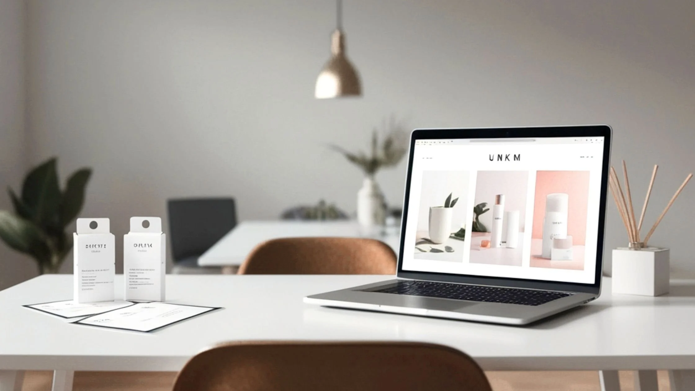 creative shot of a laptop showing a ecommerce website on a minimalist desk with actual products