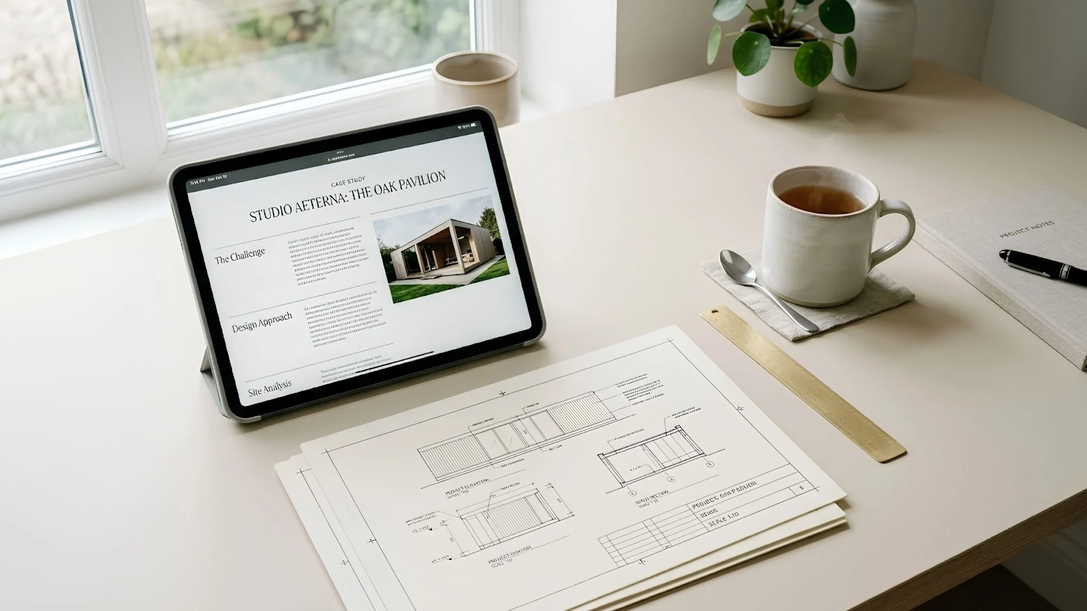 a minimalist desk with an iPad showing a structured portfolio case study page.