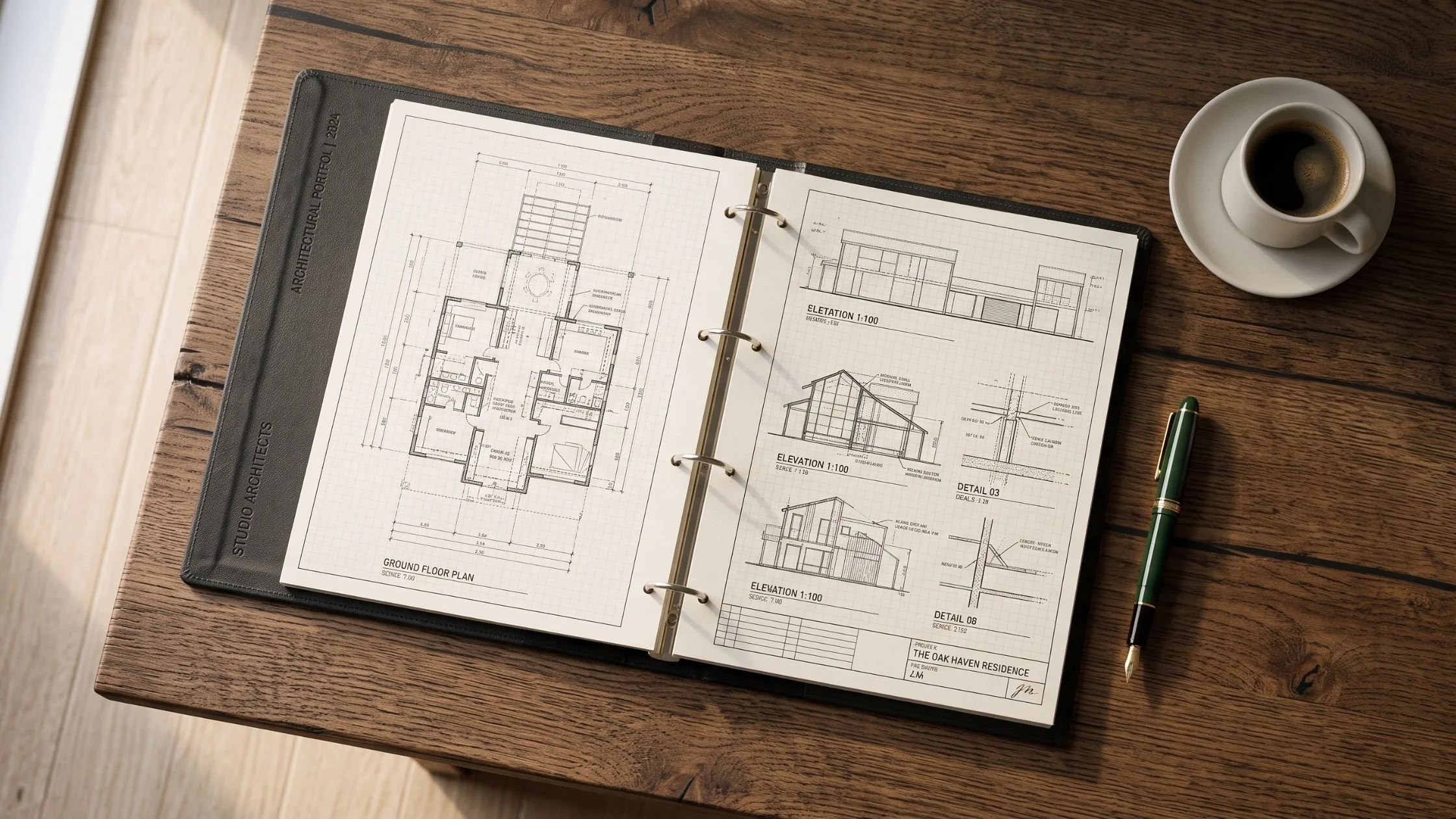 An open architectural binder with clean wireframe blueprints on a dark oak desk with a fountain pen.