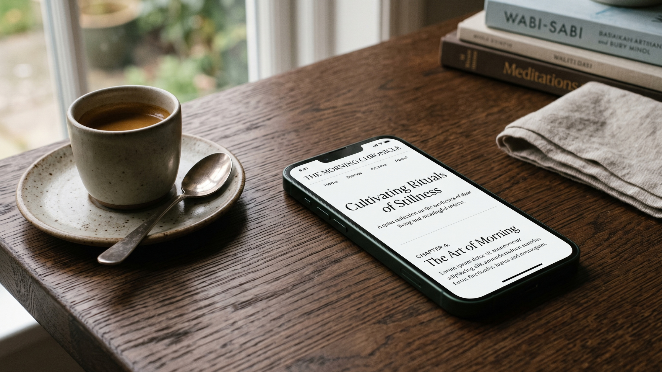 A green smartphone displaying a clean editorial website layout next to a coffee cup on a dark oak desk.