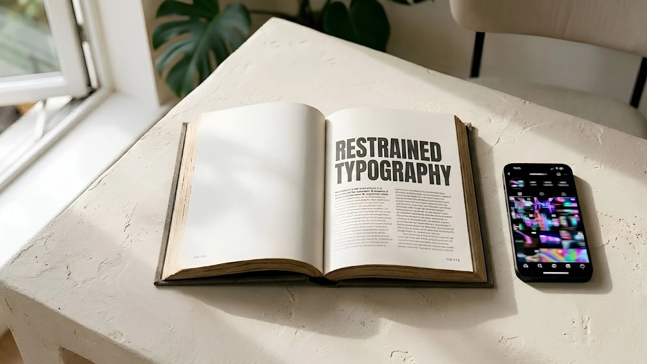 Top-down desk: quiet typography book vs. chaotic phone.