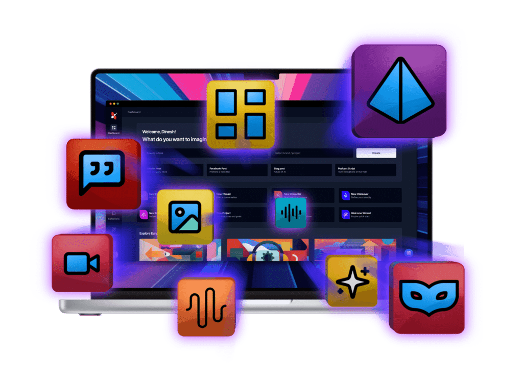 Euryka.ai dashboard on a laptop with floating icons, a top AI tool for small businesses.