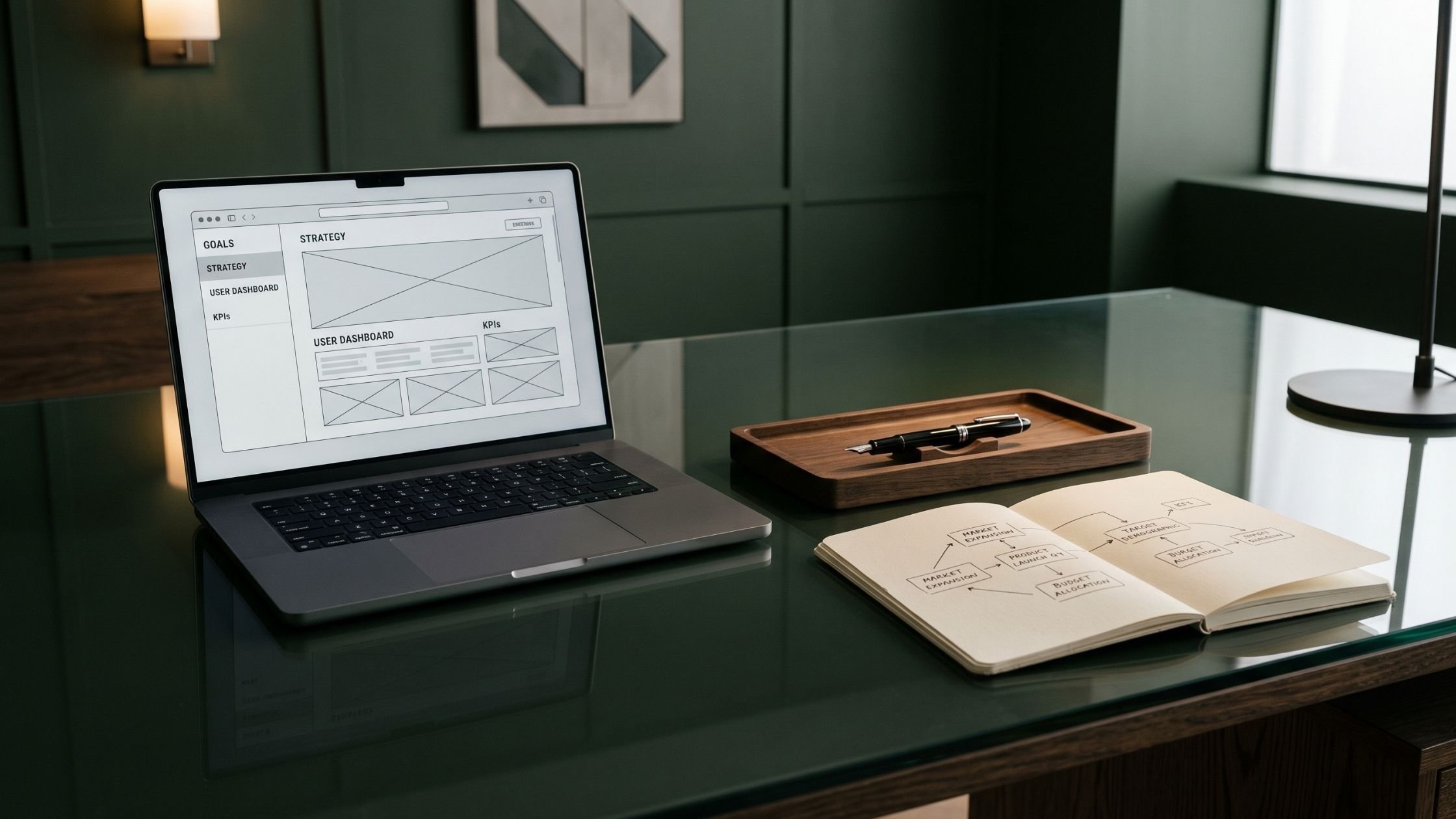 Minimalist luxury desk with a laptop displaying a wireframe layout beside a notebook and fountain pen.