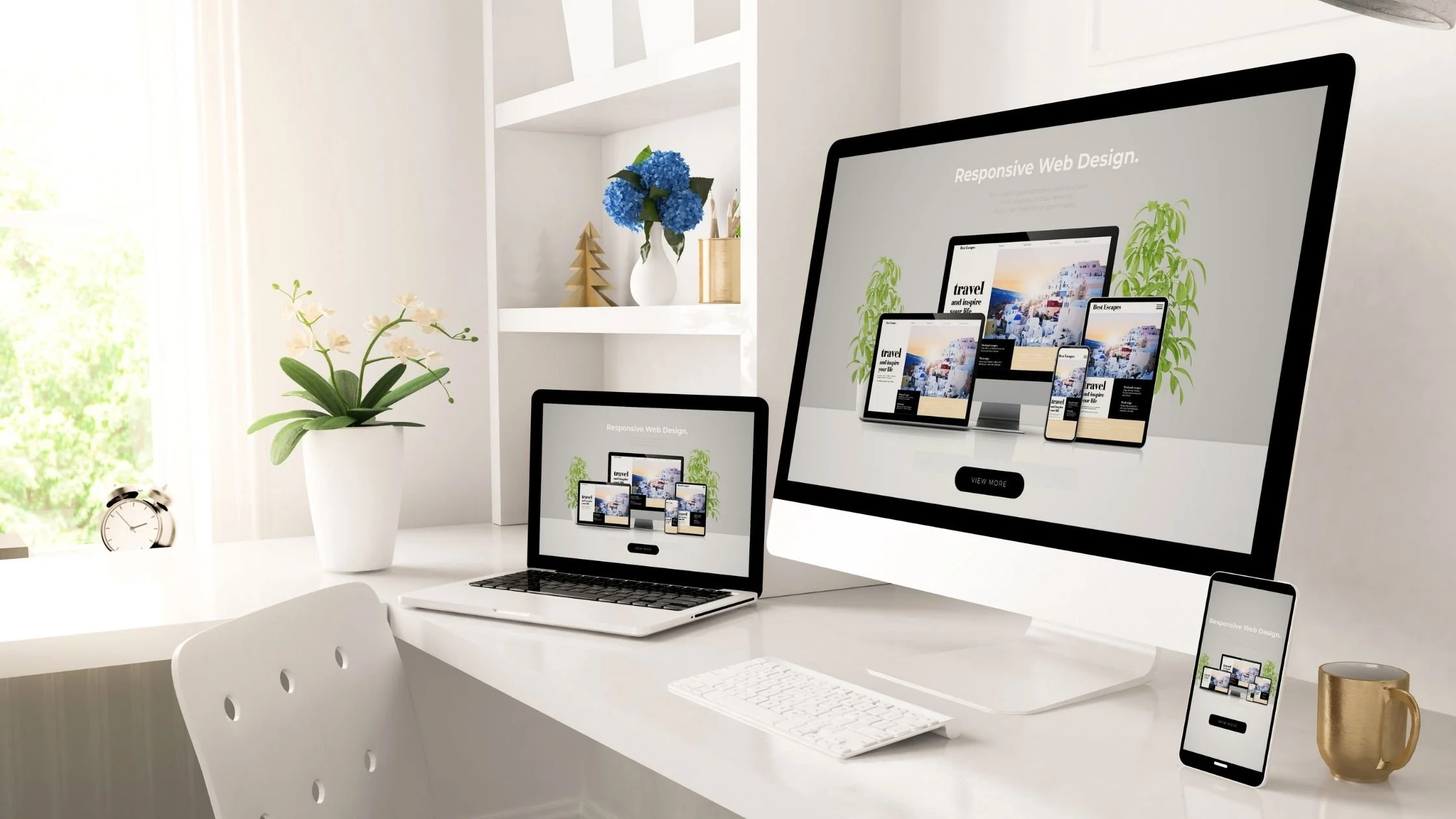 minimalist desk with different devices testing website design and development auto responsiveness
