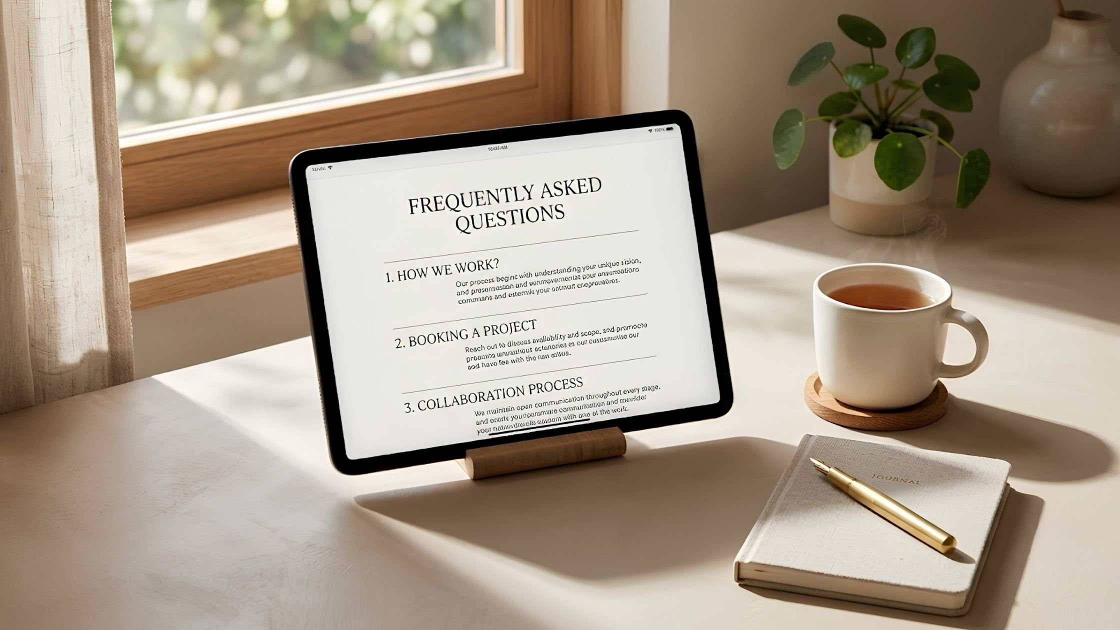 a minimalist desk setup with a tablet displaying a clean FAQ web page.