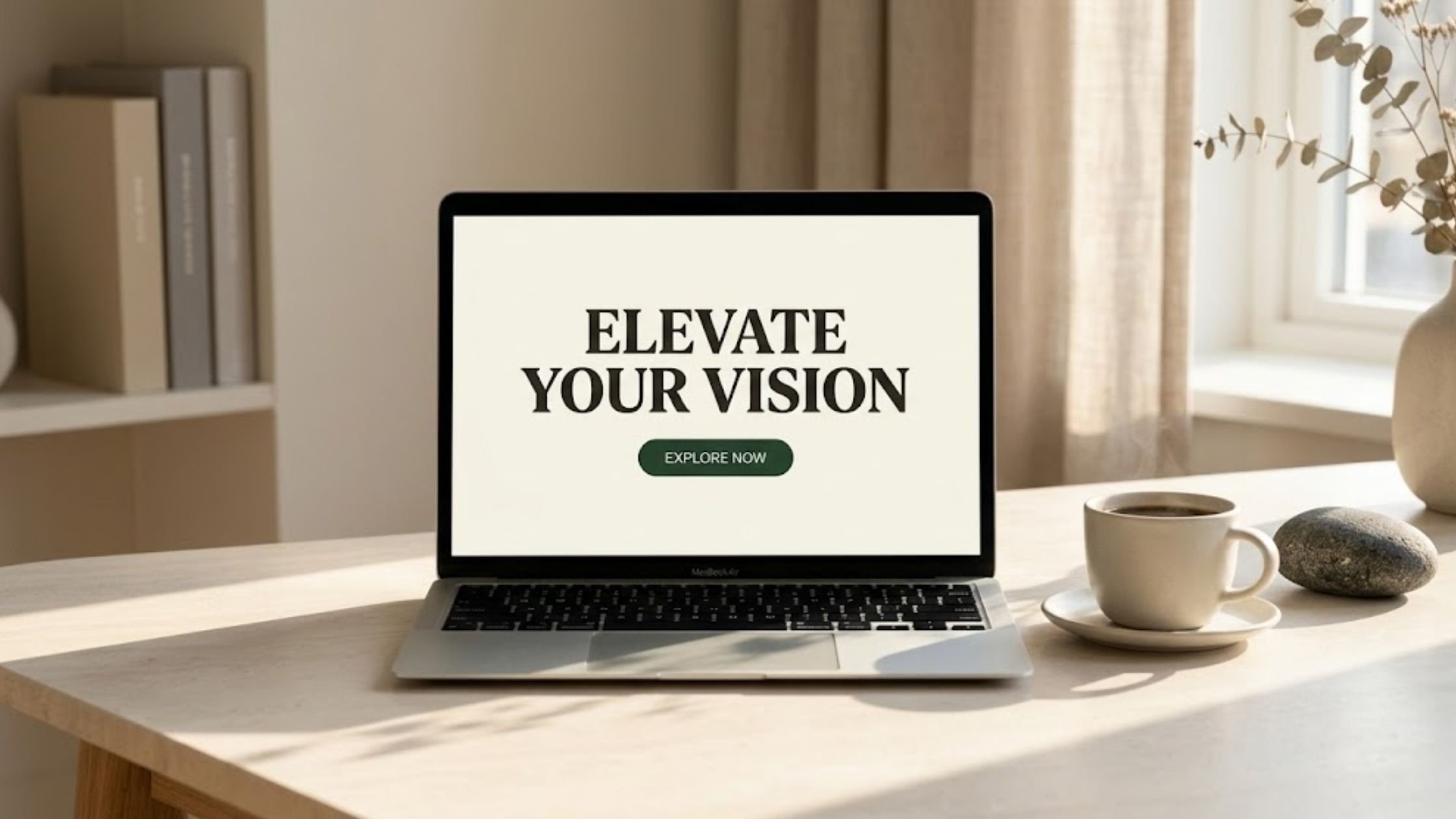 Minimalist desk with an open laptop showing a simple, focused web design.