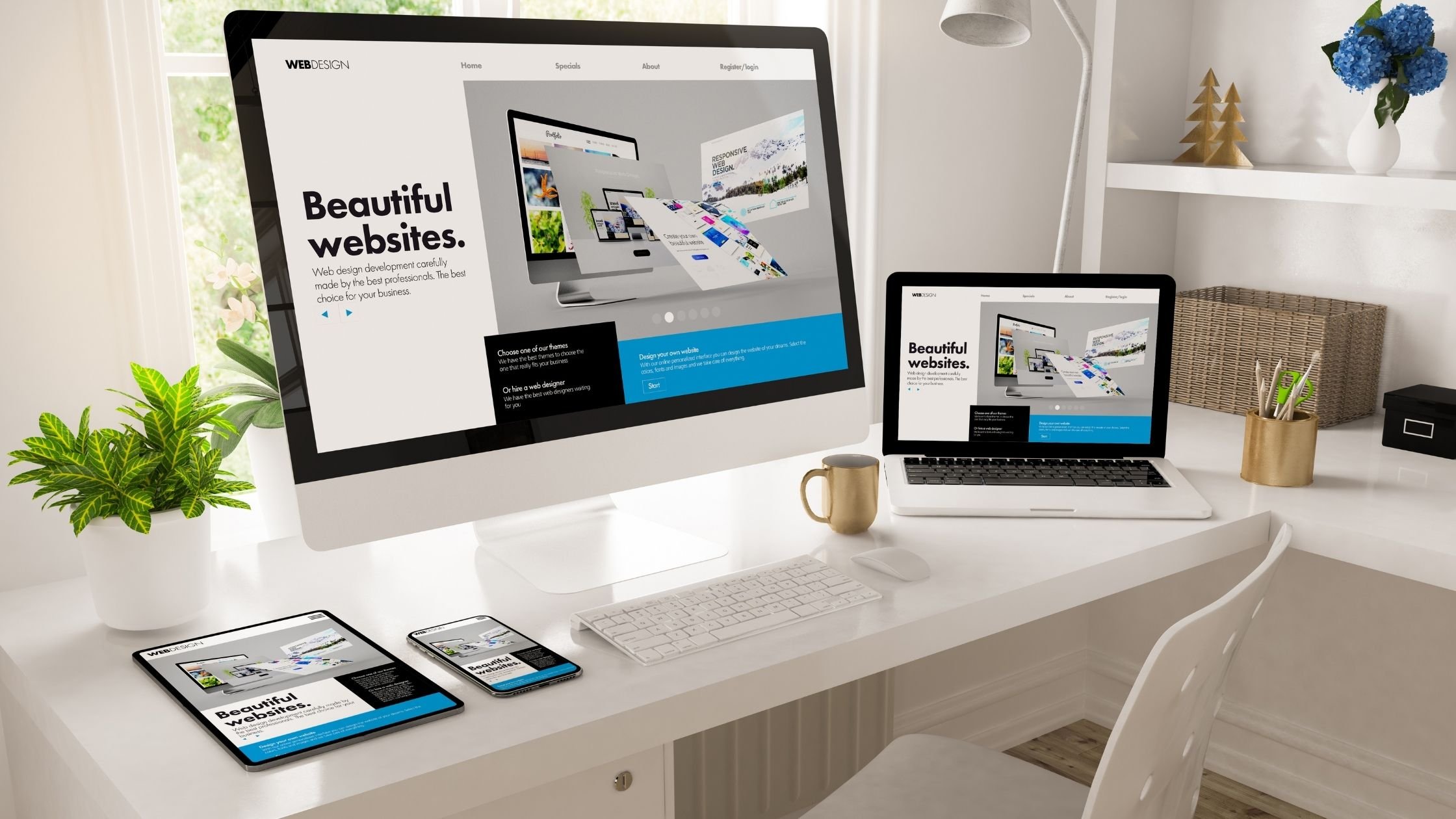 minimalist desk web design and development with different devices and screen resolutions