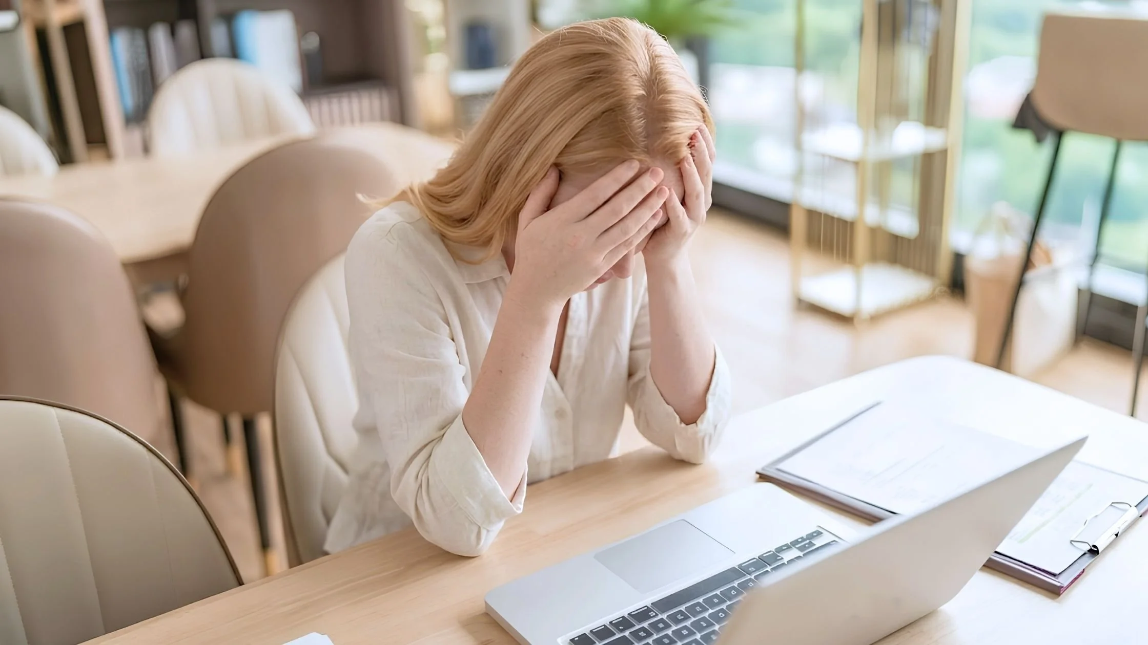 A stressed business woman in a cream shirt sits at a desk with her head in her hands, looking at a laptop