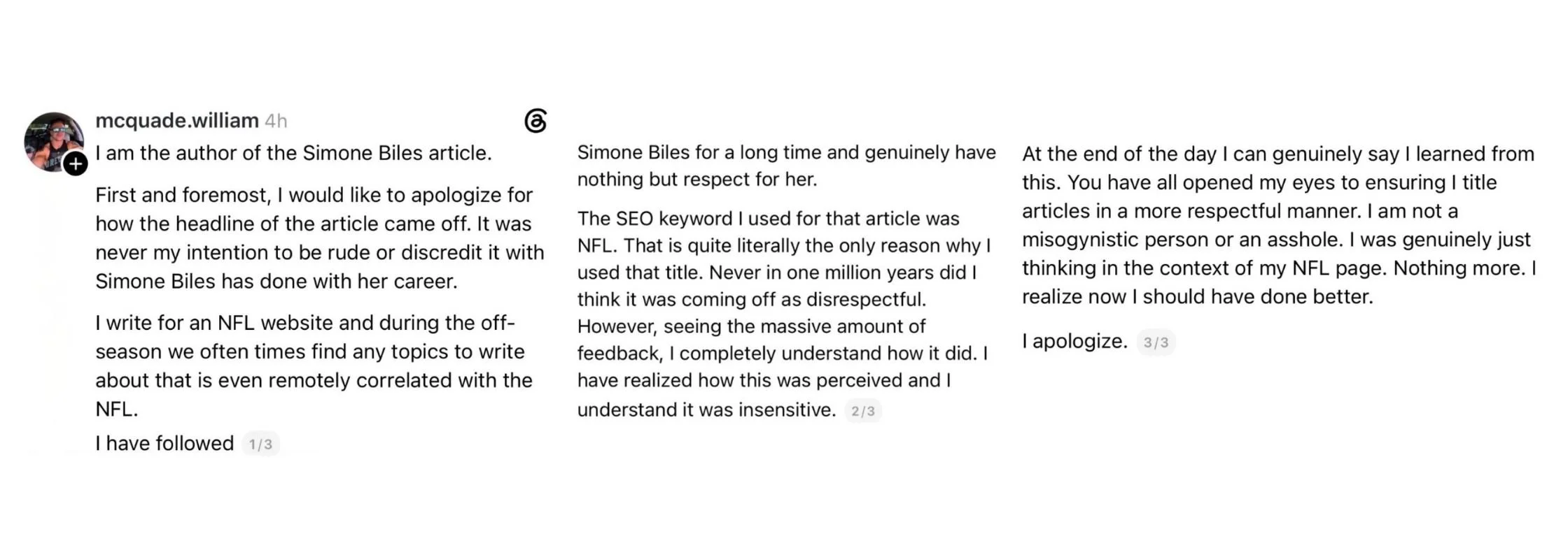 The author's public explanation, admitting the headline was a pure SEO move to target the "NFL" keyword.