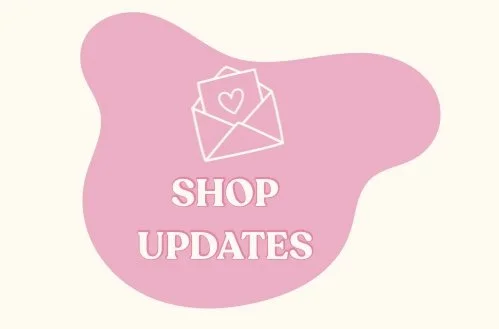 Pink abstract shape with an envelope and heart icon, and the text 'Shop Updates' in white.