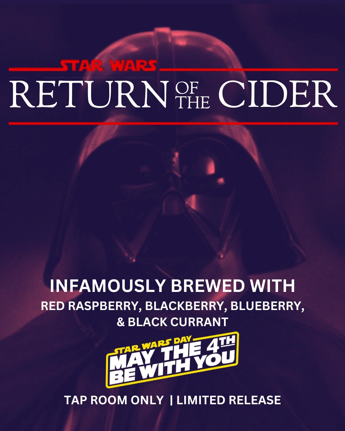 The Dark Cider is back on tap this weekend to celebrate Star Wars Day, May Fourth!
Brewed with all the darkest berries, Dark Cider is deep, rich, and seductive. With red raspberries, blackberries, blueberries, and black currants, Dark Cider is a forc