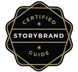 Badge with a black and gold design reading 'Certified StoryBrand Guide'.