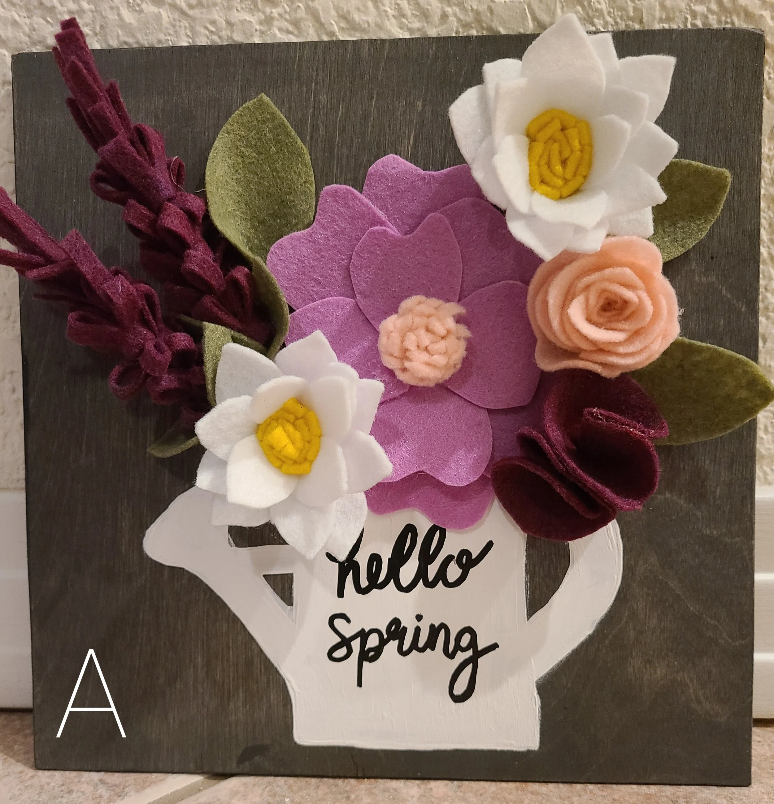 March Craft Night: Painted watering can and text, handmade felt flowers