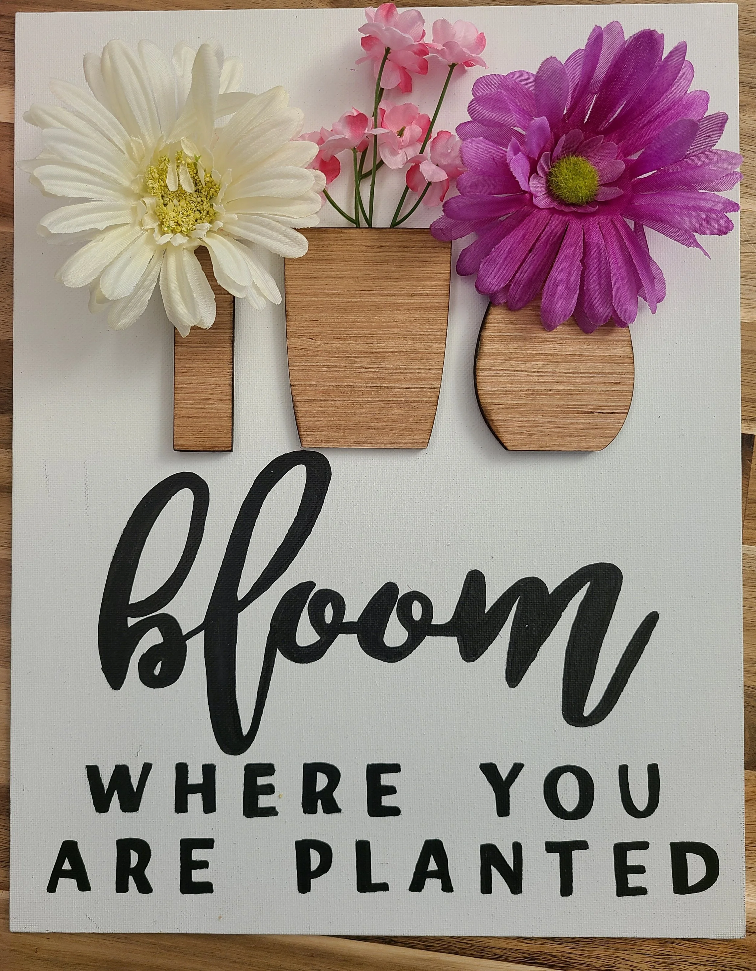 March Craft Night: painted text, wooden vases, and fake flowers
