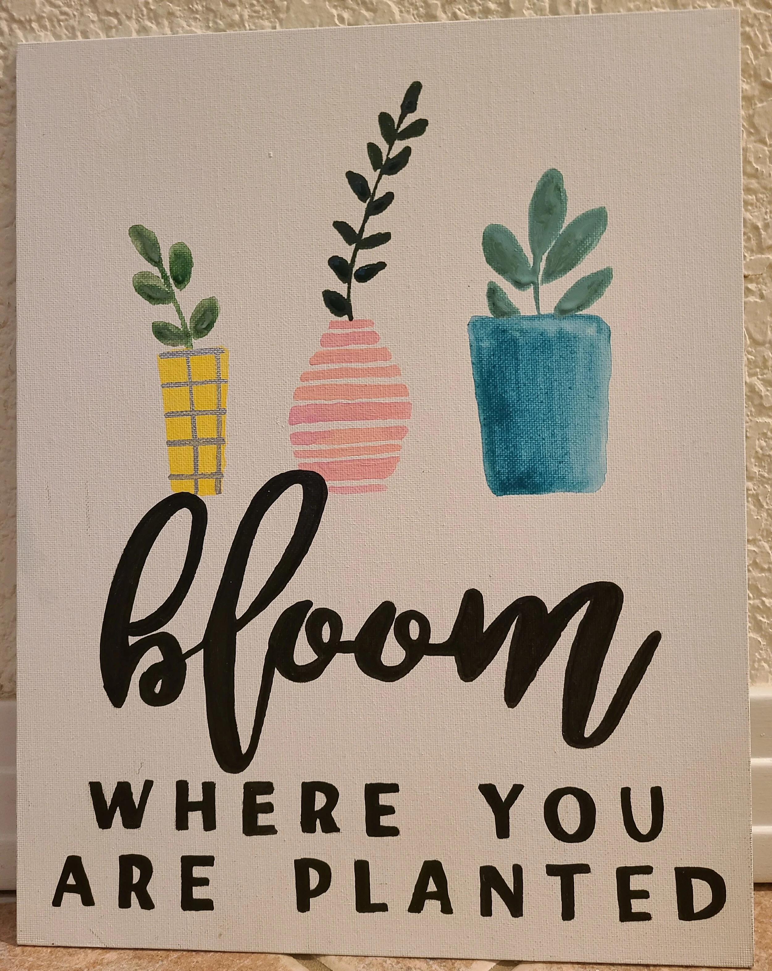 March Craft Night: Painted text and vases on canvas