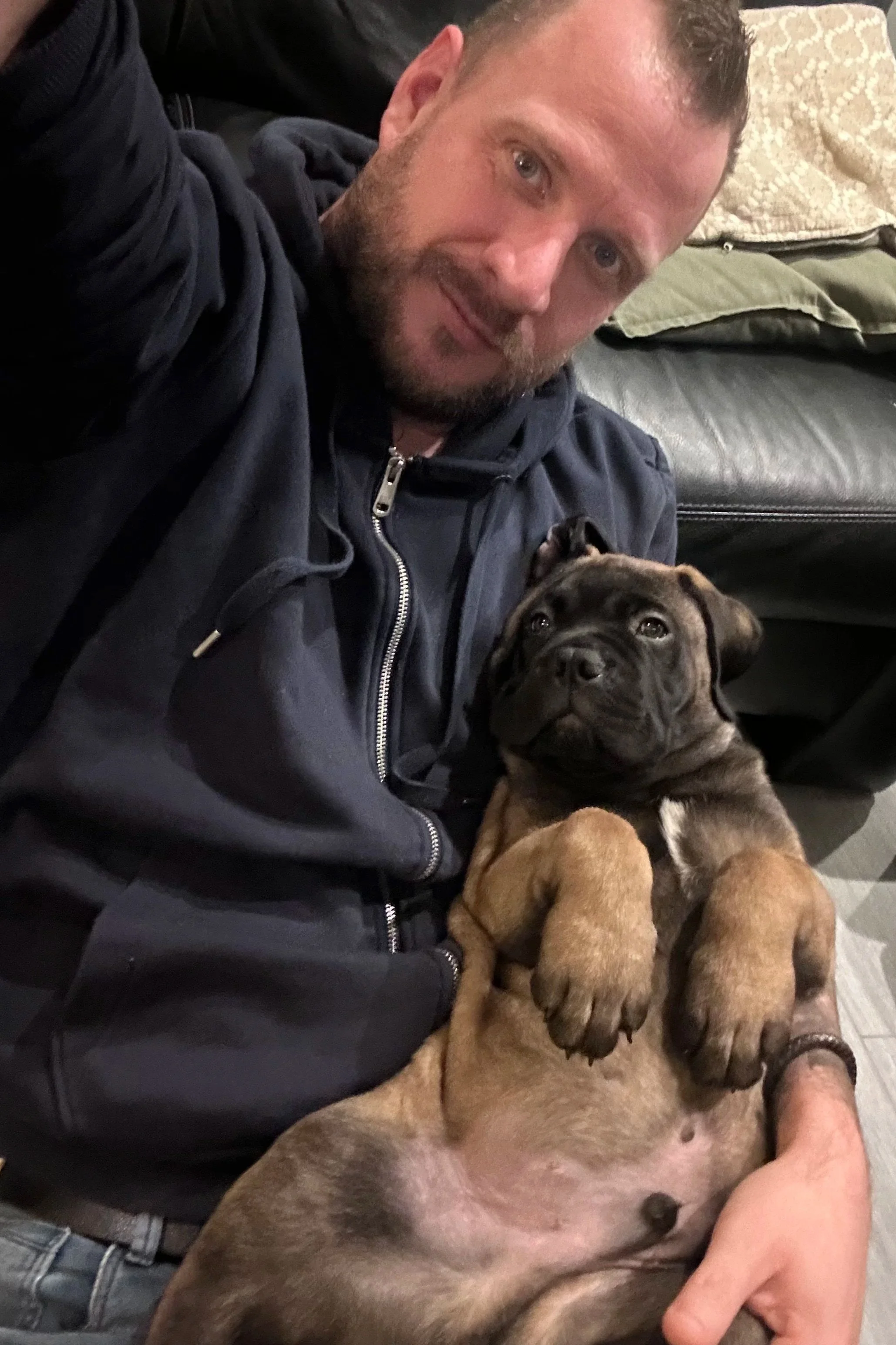 Hans van Haro Dog Training holding his bullmastiff puppy in his arms