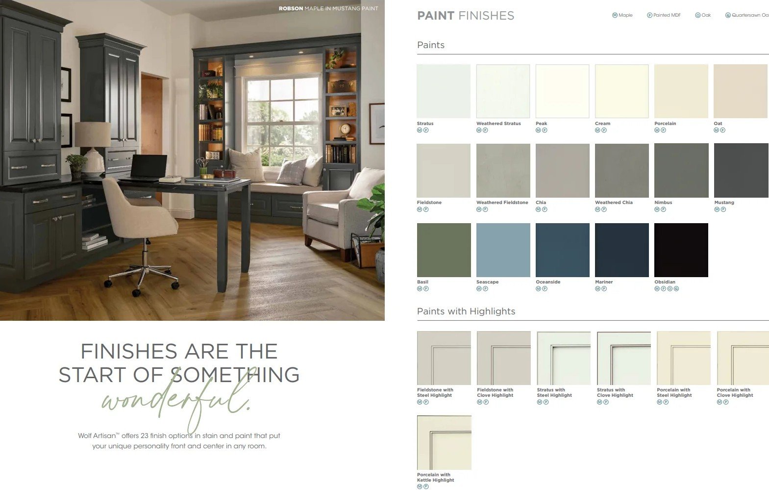 A home office with dark gray cabinetry, a window seat with cushions, a desk with a beige office chair, and painted walls in a light grayish-green shade.