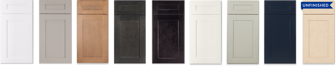 A row of various cabinet doors in different colors including white, gray, natural wood, black, beige, navy, and unfinished wood.