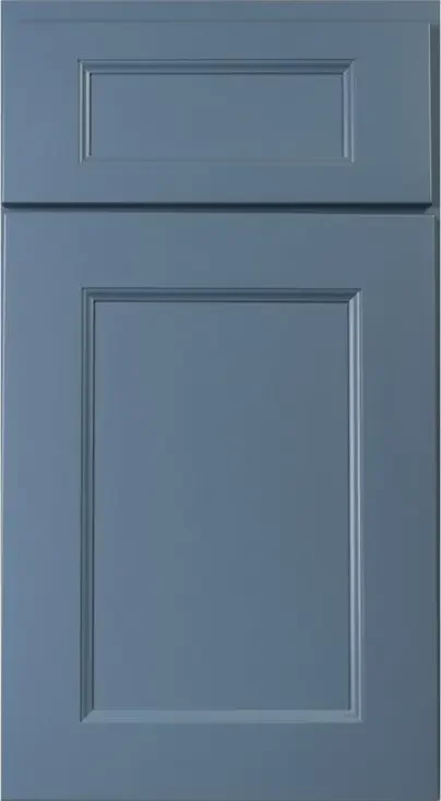 Close-up of blue cabinet door with decorative molding