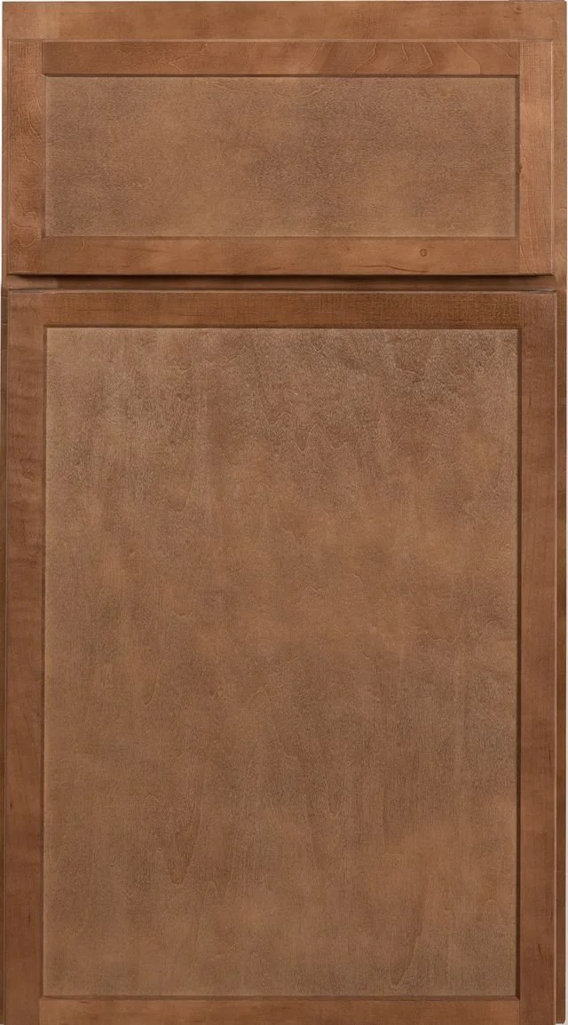 A wooden kitchen cabinet door with a rectangular panel in a warm brown finish.