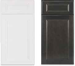 Two kitchen cabinet doors, one white and one black
