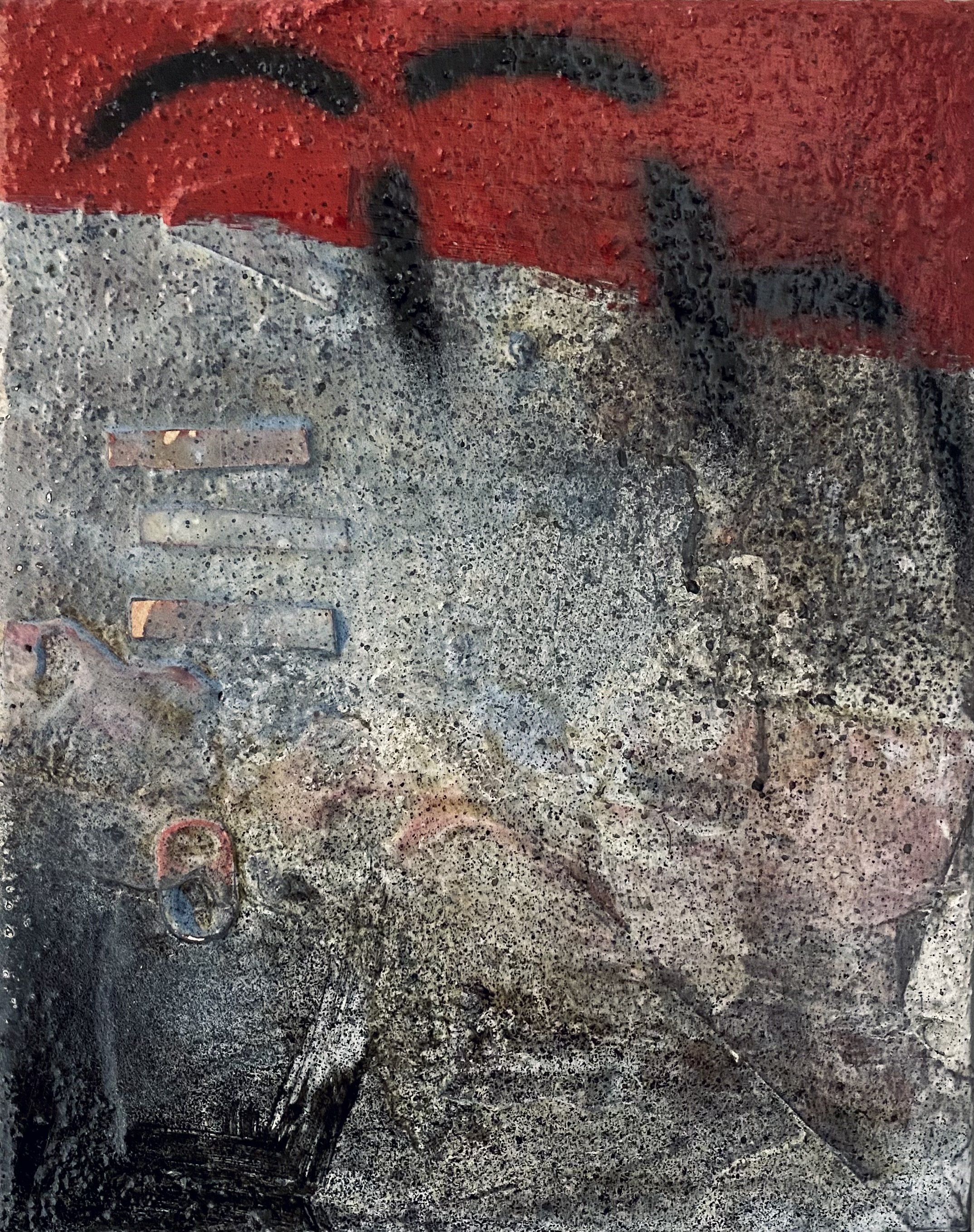 “Artifact 1” / acrylic paint, paint stick, sand, paper, bottle cap, can tabs, other metal parts on canvas / 10 X 8 in. / 2023 / SOLD