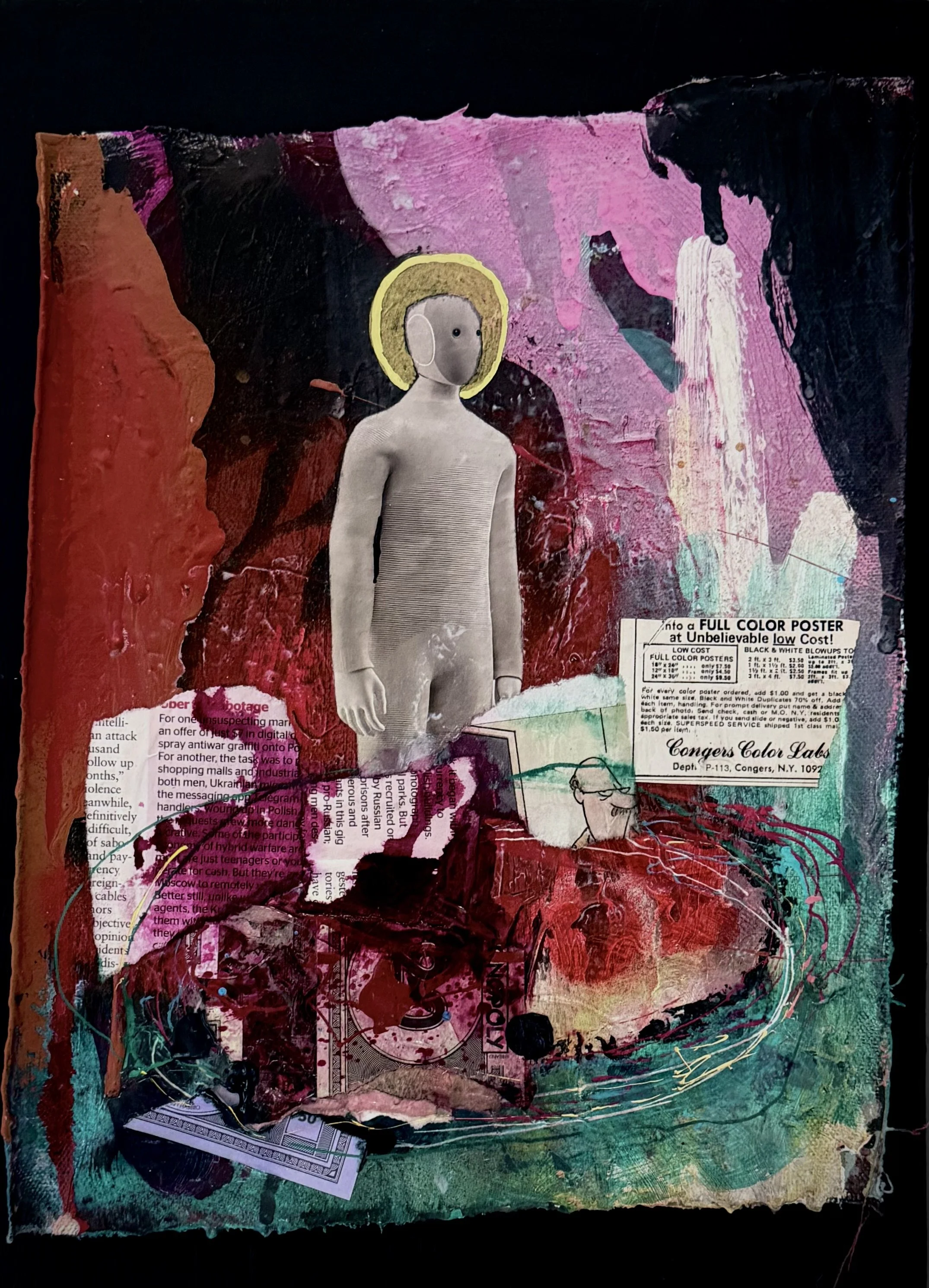 "Capitalism, or Whatever Part VII: The New Blood" / acrylic paint, house paint, paint stick, acrylic marker, Monopoly money, collage on canvas, mounted on wood / 13 1/8 x 9 1/2 / 2026