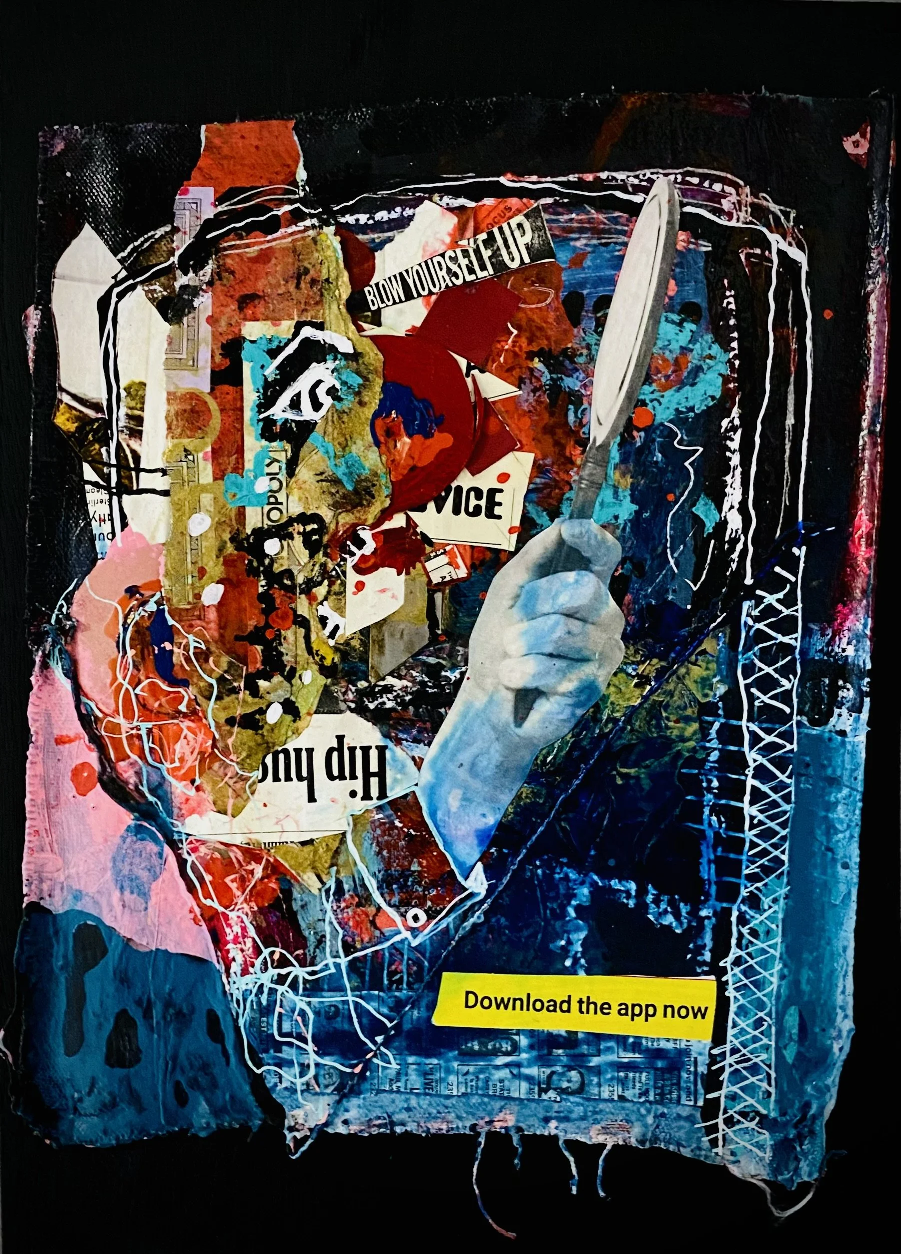 “Capitalism, or Whatever Part VI: Jason Lives” / acrylic paint, house paint, paint stick, acrylic markers, Sharpie, Monopoly money, razor-blade, collage on canvas, mounted on wood / 13 1/8 x 9 1/2 in. / 2026
