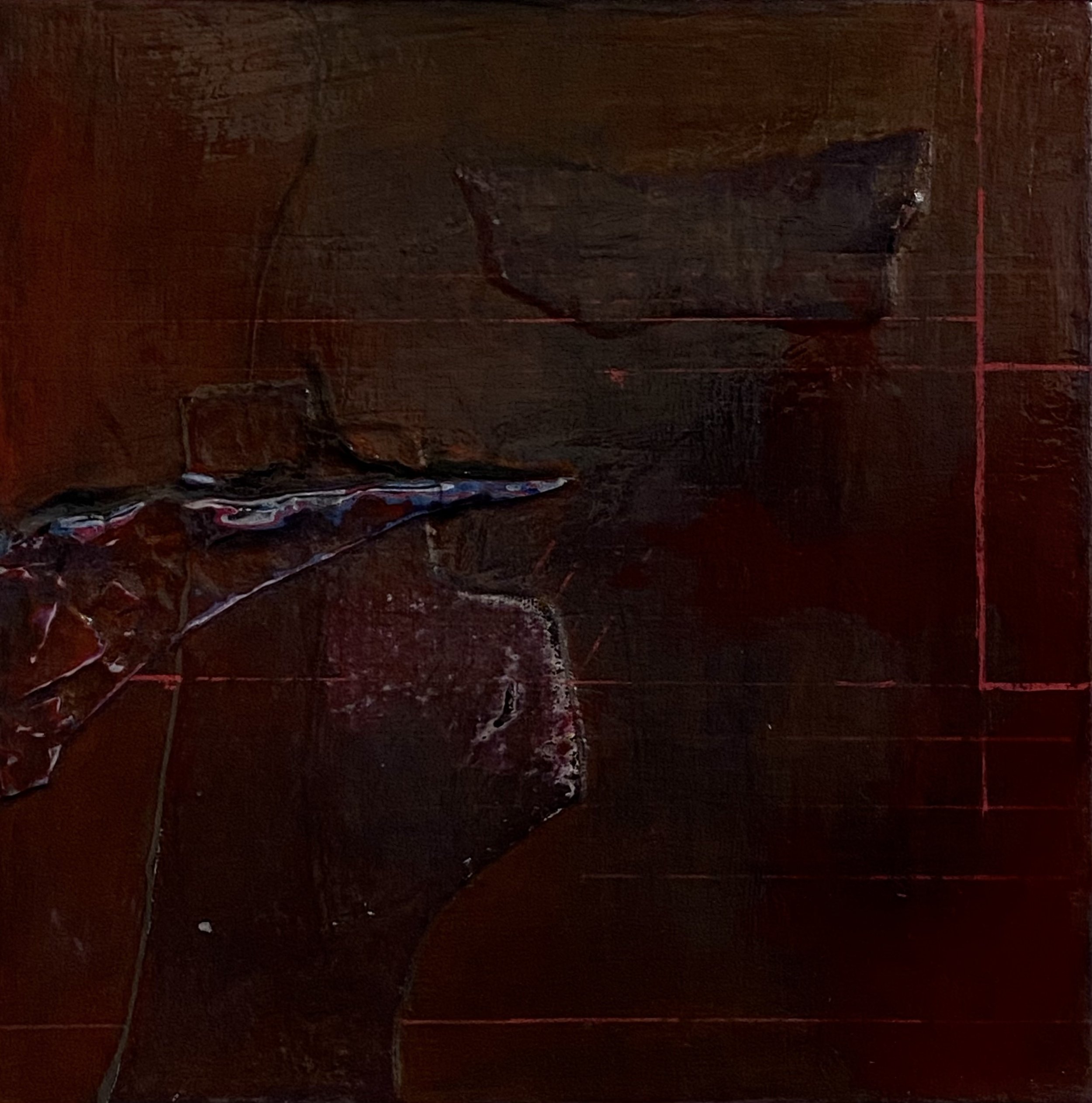 “Vantage” acrylic paint, paint stick, paint marker, ink, canvas, and paper on wood panel / 10 X 10 in. / 2023 / SOLD
