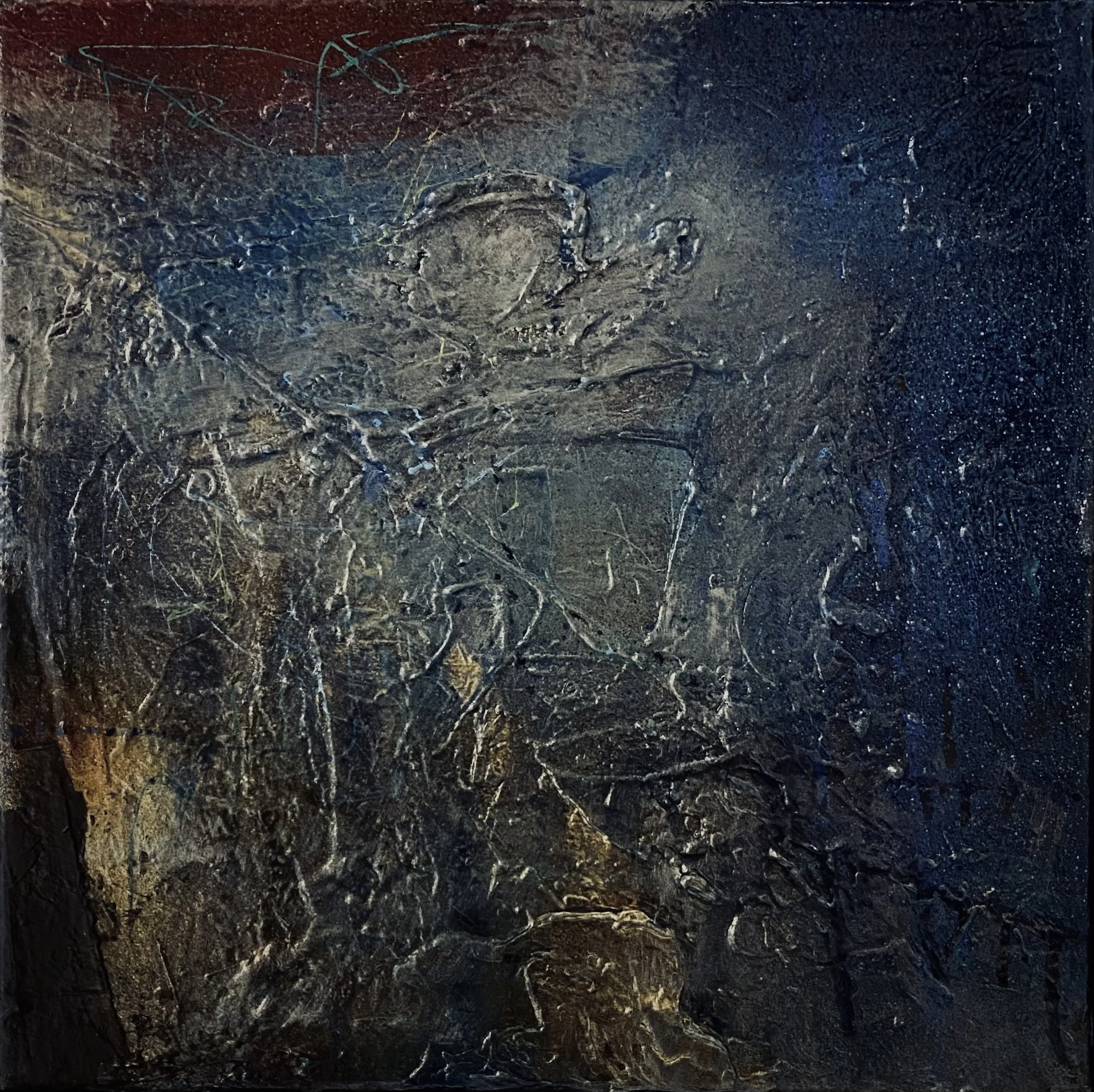 "Polycrisis Blues I" / acrylic paint, house paint, acrylic marker, paint stick, and joint compound on canvas / 12 x 12 in. / 2026