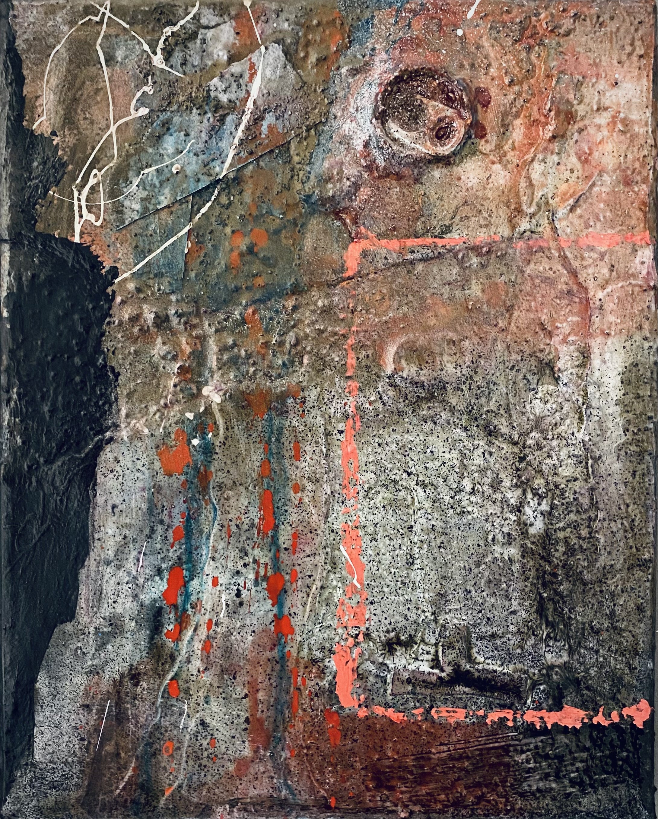 “Artifact 2” / acrylic paint, paint stick, sand, paper, bottle cap, can tabs, other metal parts on canvas / 10 X 8 in. / 2023