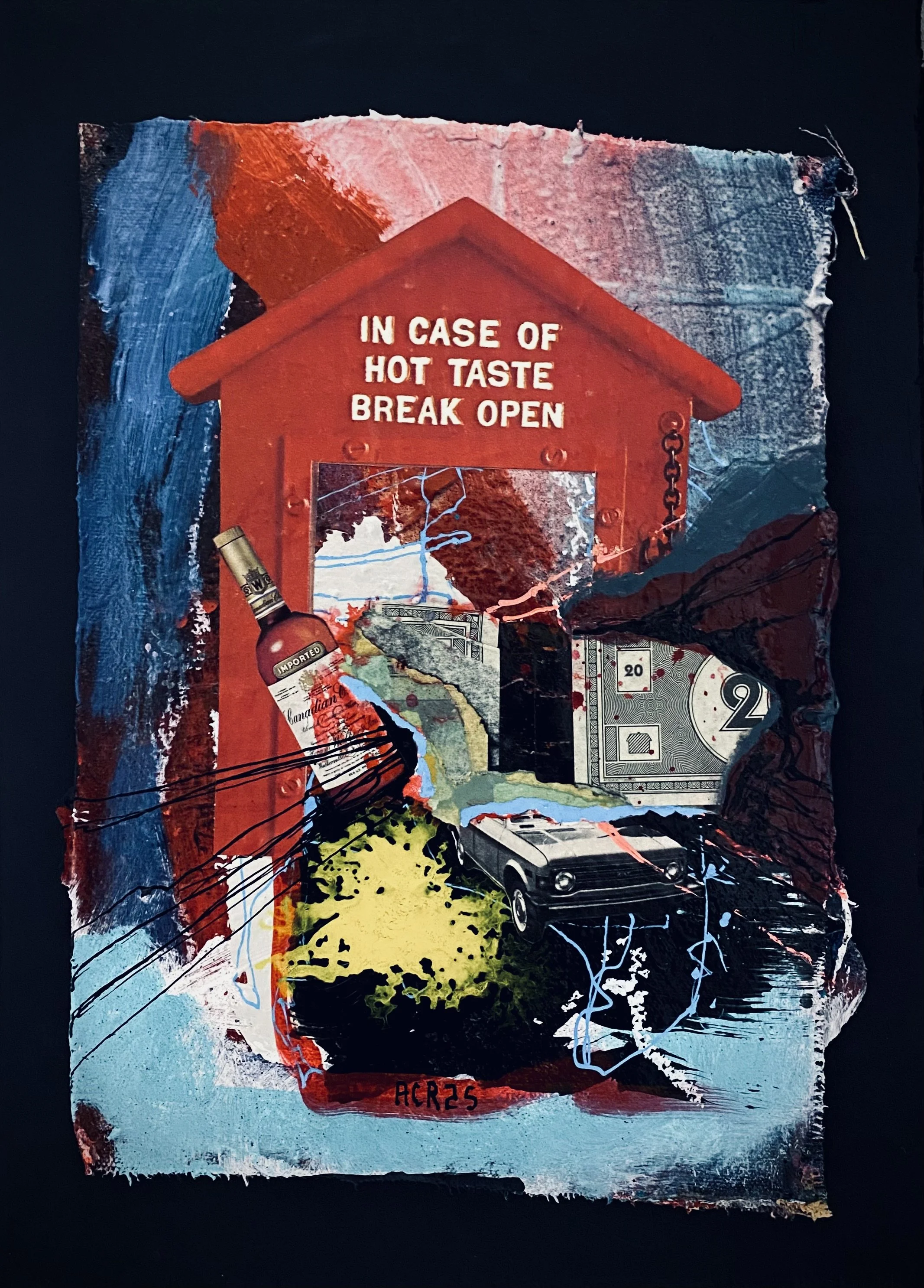 “Capitalism, or Whatever: The Final Chapter” / acrylic paint, house paint, paint stick, acrylic markers, Sharpie, Monopoly money, collage on canvas, mounted on wood / 13 1/8 x 9 1/2 in. / 2025