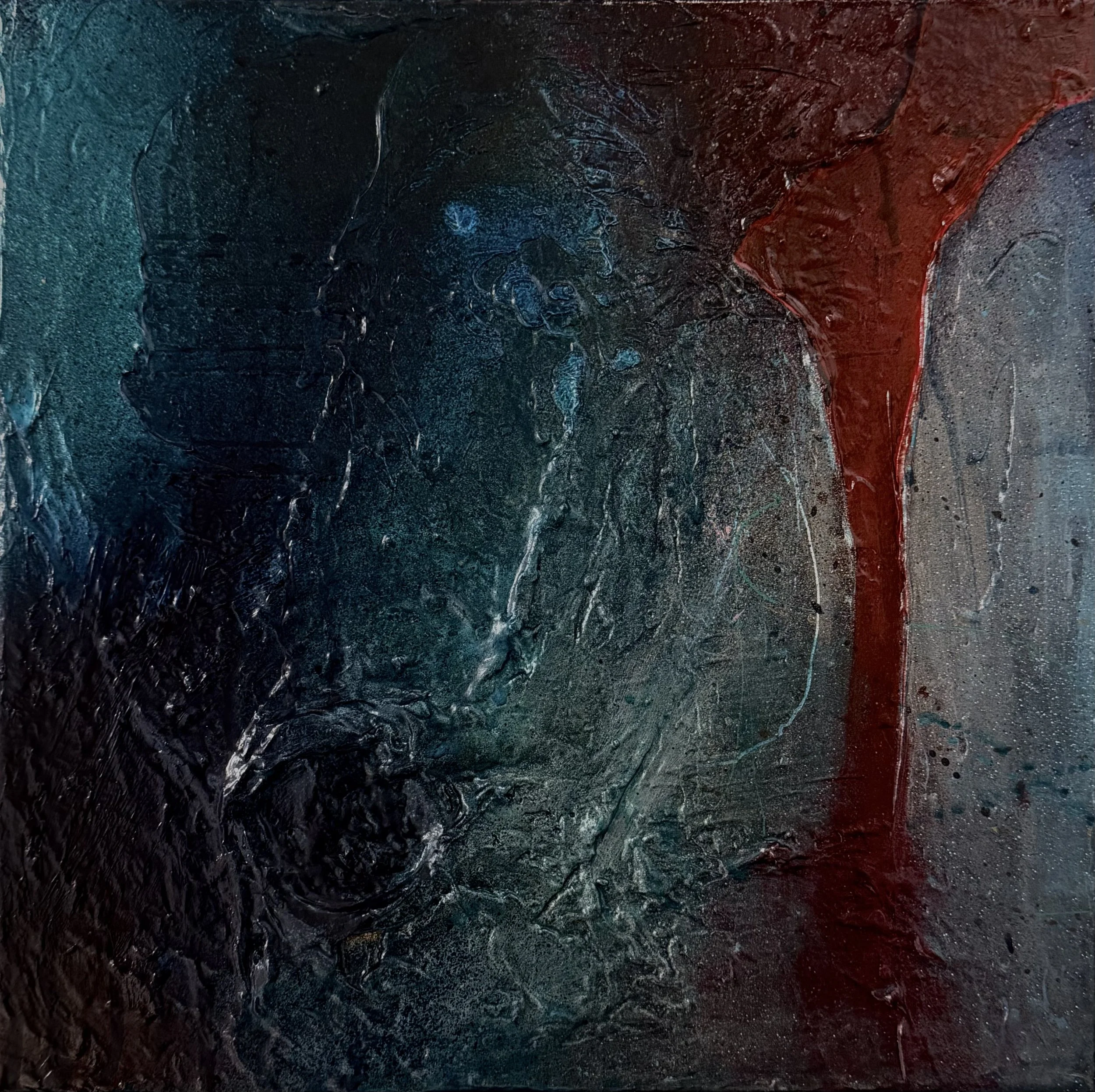 "Polycrisis Blues III" / acrylic paint, house paint, acrylic marker, paint stick, and joint compound on canvas / 12 x 12 in. / 2026