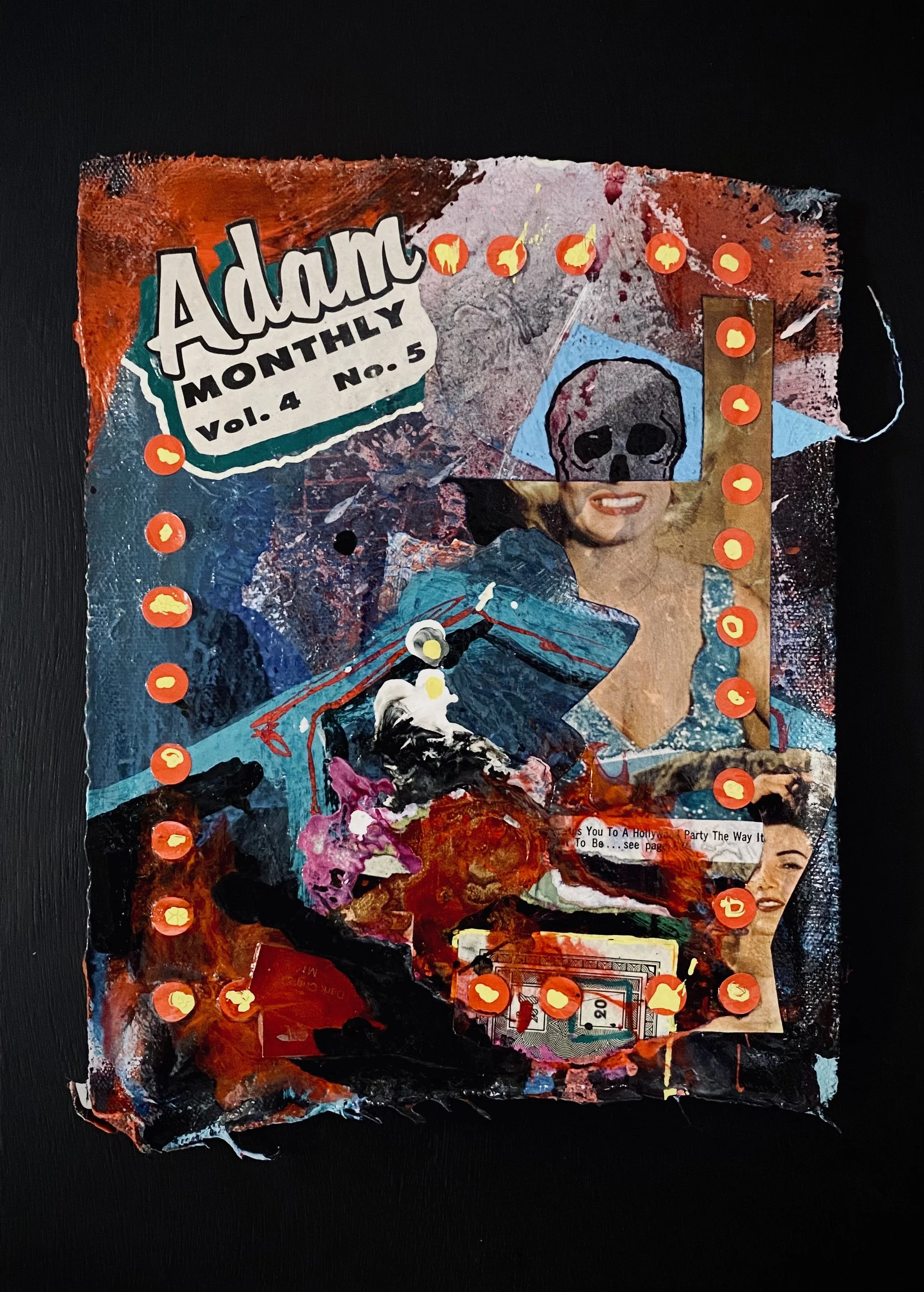 “Capitalism, or Whatever: A New Beginning” / acrylic paint, house paint, paint stick, acrylic markers, Sharpie, Monopoly money, collage on canvas, mounted on wood / 13 1/8 x 9 1/2 in. / 2025